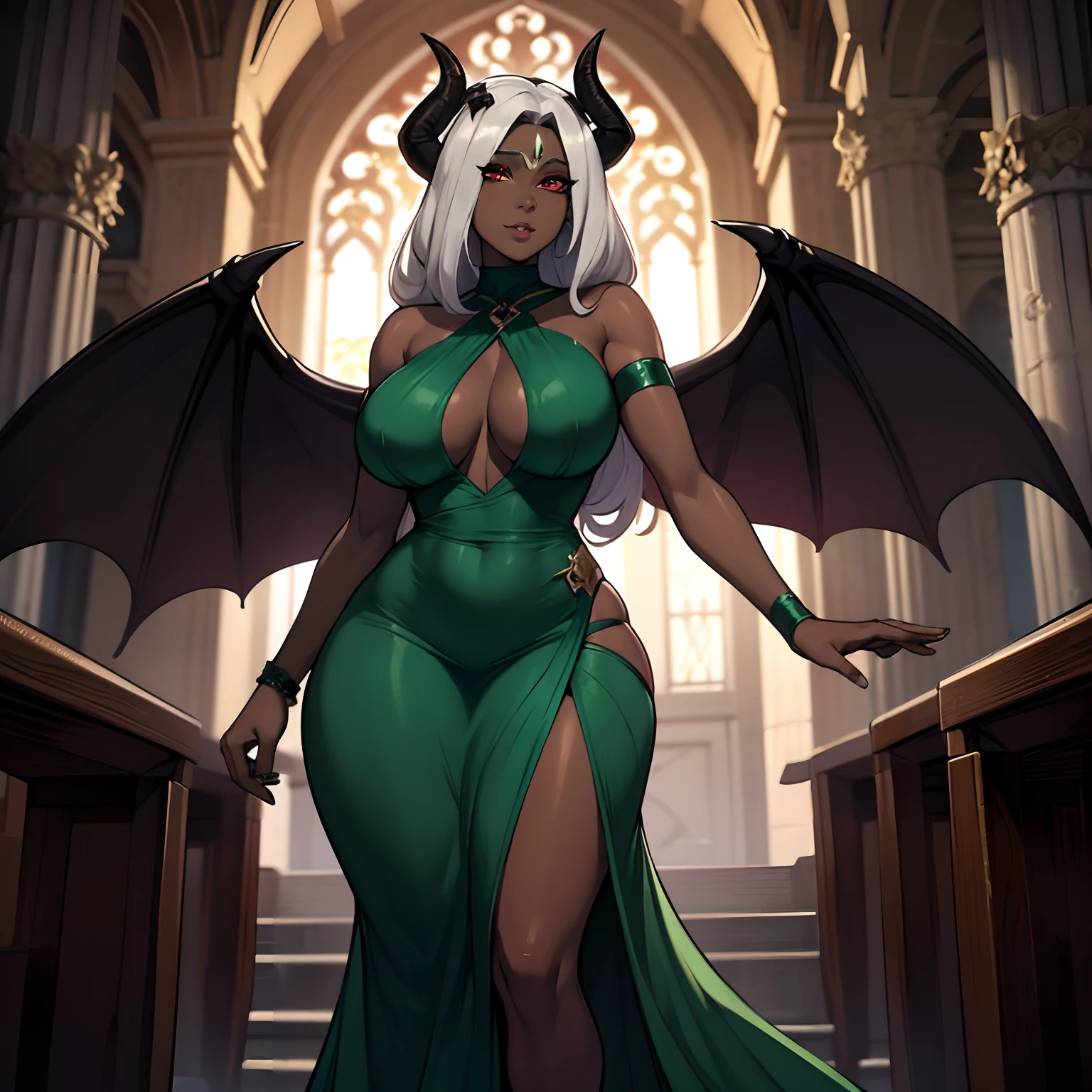 one mature ebony skinned female with red eyes, silver flowing long hair, a form fitting green dress, thicc, has black demonic wings, has tiefling horns, SOLO, ALONE, (SOLO)(ALONE), ebony skin tone, dark skin tone, green dress, form fitting green dress, in dark catherdral, black demon wings, has black succubus wings