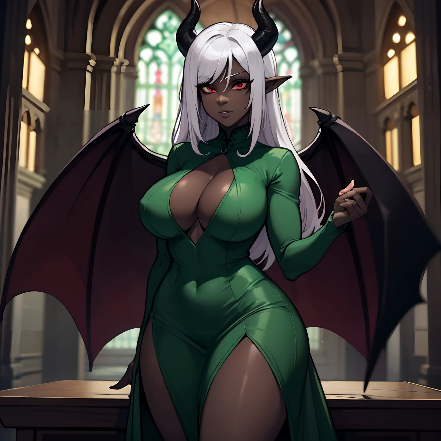 one mature ebony skinned female with red eyes, silver flowing long hair, a form fitting green dress, thicc, has black demonic wings, has tiefling horns, SOLO, ALONE, (SOLO)(ALONE), ebony skin tone, dark skin tone, green dress, form fitting green dress, in dark catherdral, black demon wings, has black succubus wings