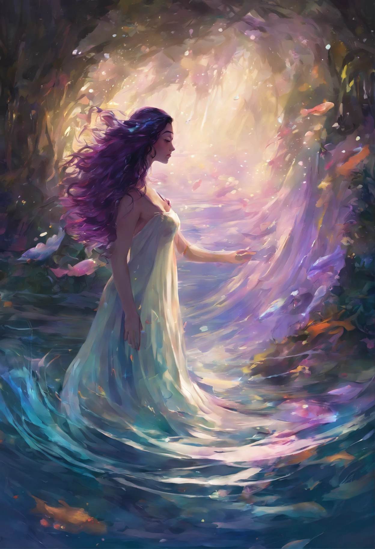 (best quality,Realistic:1.2)Sereia Maligna,pintura de jardim,tela em grande escala,paleta de cores roxas,ultra-detalhado,Long purple hair flowing in the water,Pale skin glowing in the light,Escuro, Olhos encantadores refletindo travessuras e perigos,escamas requintadas cintilantes enquanto ela se move,Powerful tail swinging in the water,Beautiful, aura sinistra em torno dela,underwater environment,Subtle rays of light penetrating through the water,Creating a mystical atmosphere, cantando enquanto arrasta um homem com ela