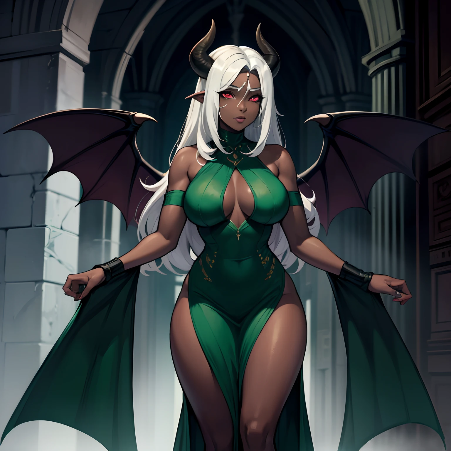 one mature ebony skinned female with red eyes, silver flowing long hair, a form fitting green dress, thicc, has black demonic wings, has tiefling horns, SOLO, ALONE, (SOLO)(ALONE), ebony skin tone, dark skin tone, green dress, form fitting green dress, in dark catherdral, black demon wings, has black succubus wings
