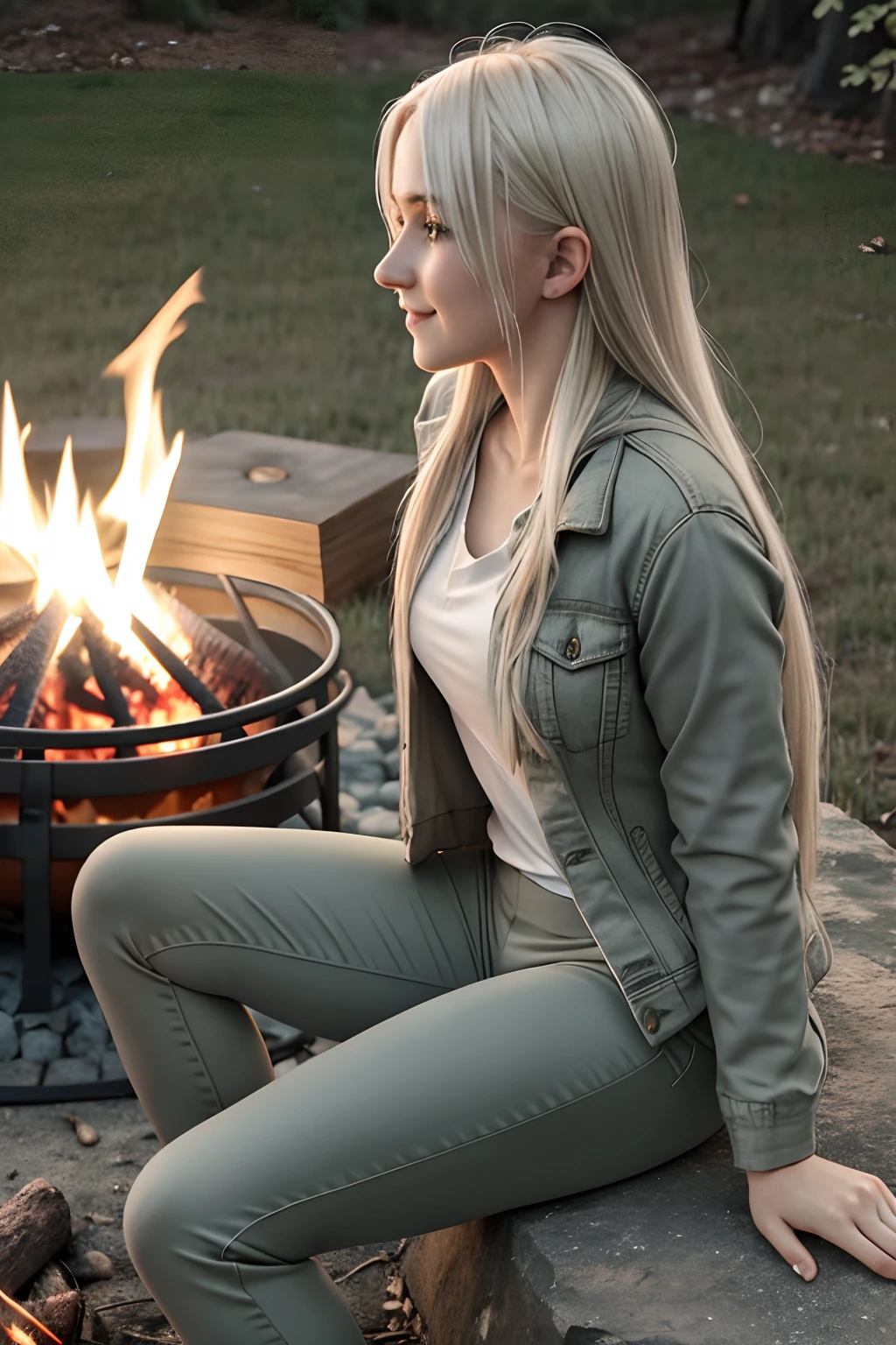 1girl in, age19, Solo, Aesthetic artwork, platinum blonde hair, long straight hair, detailed hair, full c cup breasts, c-cup, slender body, Full body, detailed skin texture, cute smile, side profile, sitting facing a campfire, late afternoon campfire, wearing green khaki jacket, light green jacket, wearing white undershirt, gray leggings, faded grey pants, (extremely detailed 8k wallpaper), soft lighting, high quality, film grain, Fujifilm XT3 sharp focus, f 5.6, 50mm, High Detail, Sharp focus,(fire light), (seductive), Realistic, ultra realistic, photo realistic