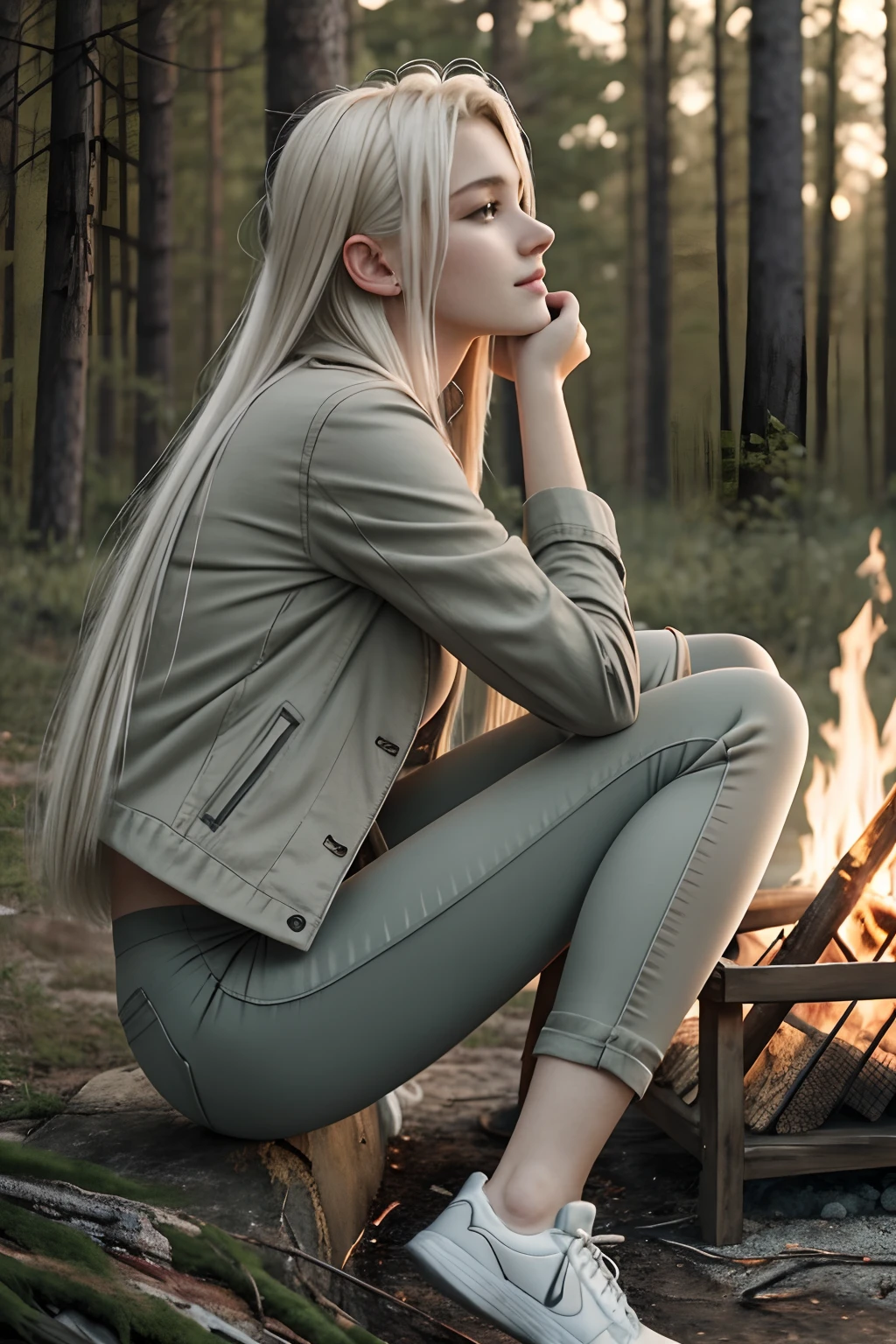 1girl in, 19, Solo, Aesthetic artwork, platinum blonde hair, long straight hair, detailed hair, full c cup breasts, c-cup, slender body, Full body, detailed skin texture, cute smile, side profile, sitting facing a campfire, late afternoon campfire, wearing green khaki jacket, light green jacket, wearing white undershirt, gray leggings, faded grey pants, (extremely detailed 8k wallpaper), soft lighting, high quality, film grain, Fujifilm XT3 sharp focus, f 5.6, 50mm, High Detail, Sharp focus,(fire light), (seductive), Realistic, ultra realistic, photo realistic