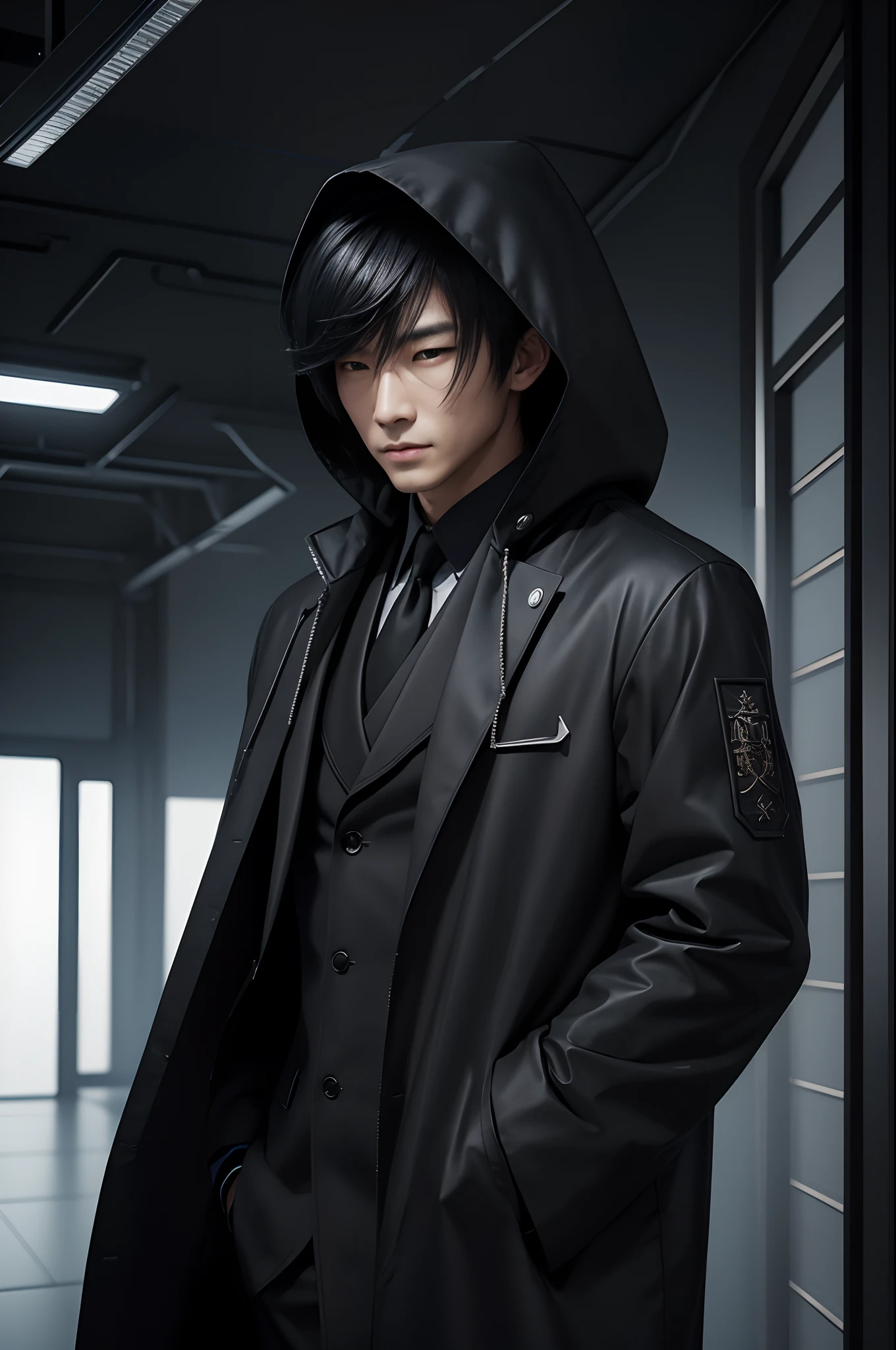 1 Super handsome Japan man,((Surreal details)), Men in black coats with hoods,Bunching up black hair,portlate, globalillumination, Shadow, octan render, 8K, ultrasharp,metal,convolution