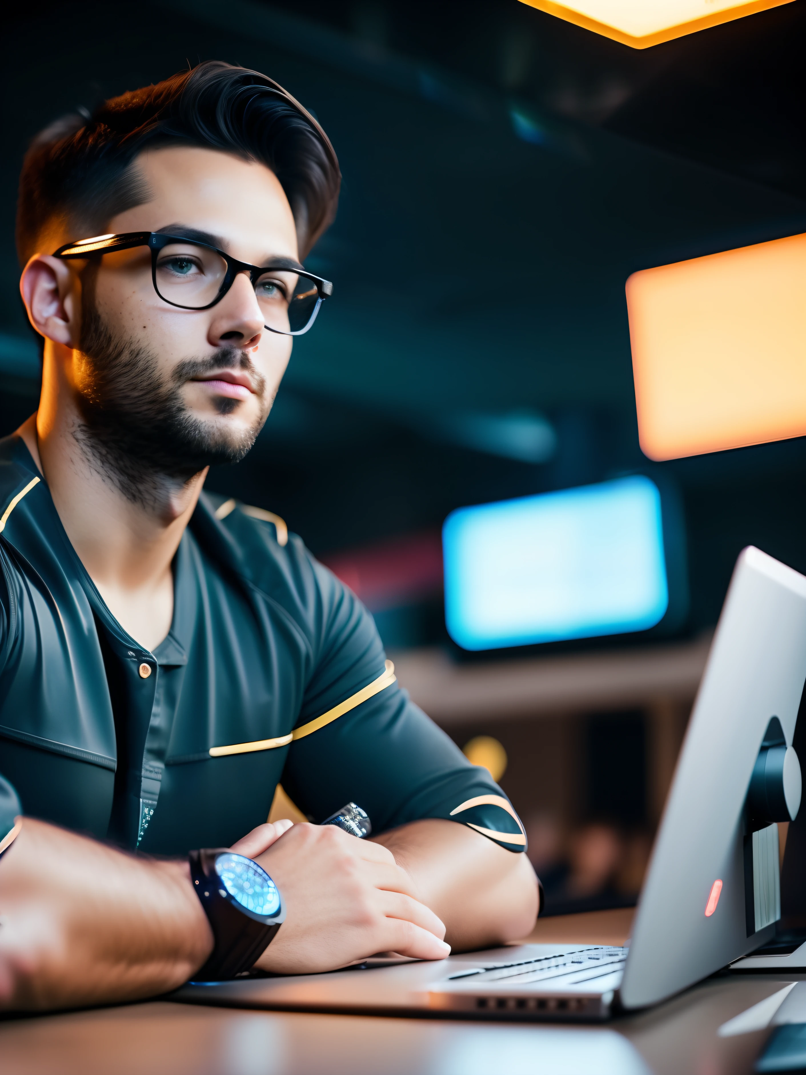 fking_scifi, foto de um homem, roupas casuais verde, azul e amarela, cabelo castanho, (olhos cinza: 1,35), queixo quadrado, asymmetrical face, parado olhando pra cima, rindo em meio a monitores de computador, luzes neon refletindo na face, 80 mm, bokeh, efeito de massa , close-up, fking_cinema_v2