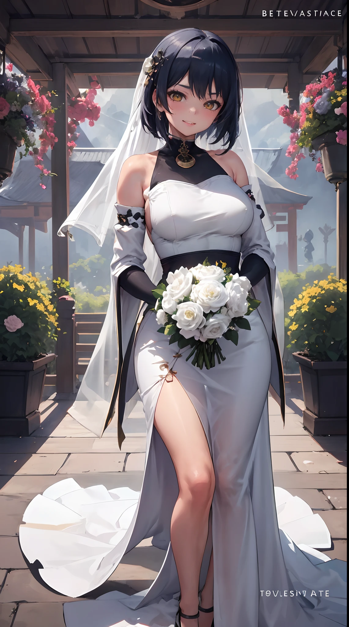 Kujou Sara | genshin impact, master-piece, bestquality, 1girls,25 years old, proportional body, proportional., Wedding Dresses, White Wedding Dress, Long skirt, wedding, ,bara, Standing in the middle of a flower garden, outdoor, wedding, The sky is beautiful, In a paradise of love and happiness..............................., The bride wears a Japanese dress and a seductive smile..............................., The passage of time stops at theirs..............................., On this wedding day of love and happiness..............................., Bright and beautiful flowers, Holding it in her hands symbolizes the envelopment of love..............................., Love and friendship through the transmission of flowers, In a paradise of love and happiness..............................., A bride in a yukata wearing a masika..............................., It is a form of beauty and elegance..............................., Show your spouse your heart.............................., In a paradise of love and happiness..............................., Kochikugisa is the tree of new beginnings..............................., And their love and affection............................, And suck a lot of love..............................., Flowers represent love and peace..............................., In a paradise of love and happiness..............................., View viewers from the front., Thigh strap, Head tilt, bored, 10, 10, HD, slight smile,