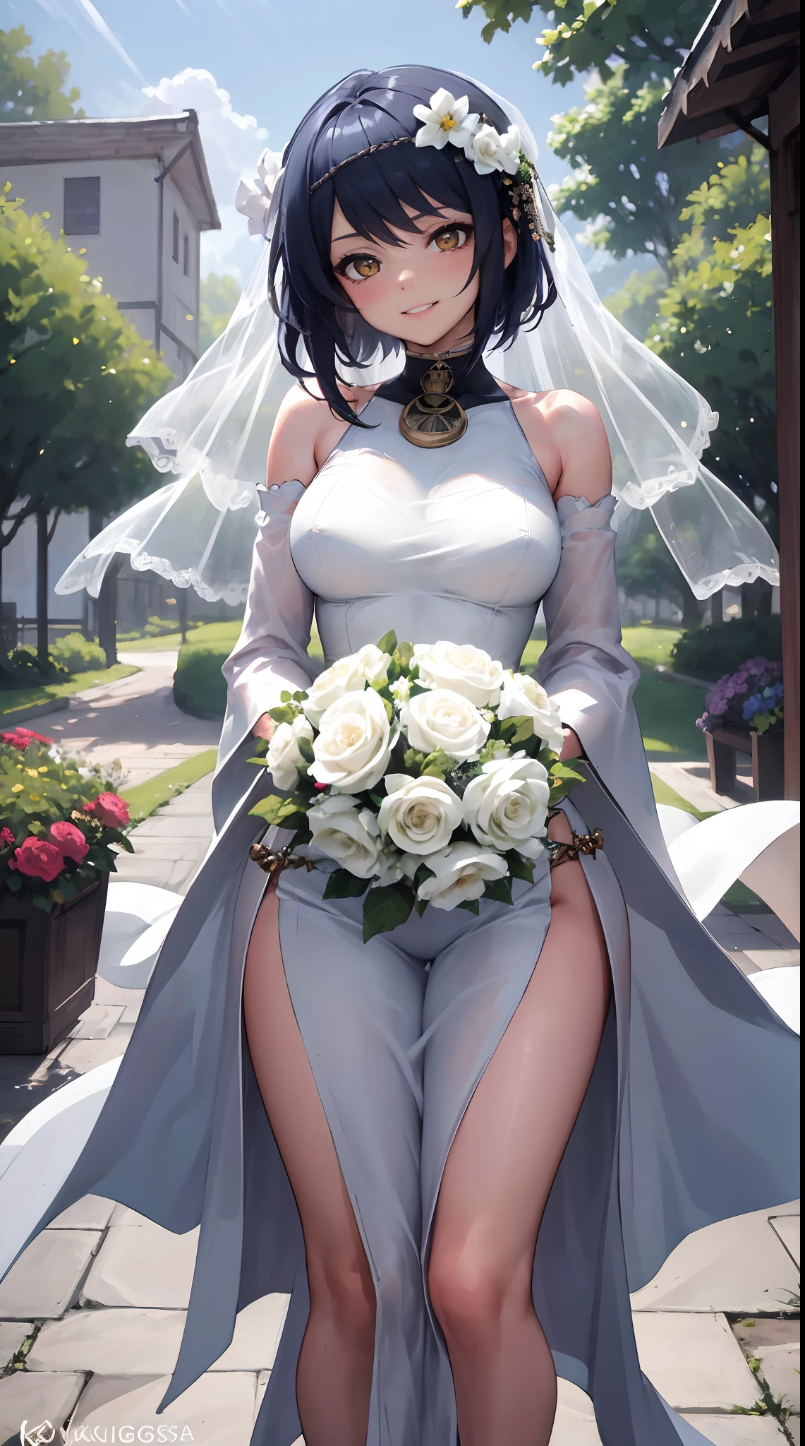 Kujou Sara | genshin impact, master-piece, bestquality, 1girls,25 years old, proportional body, proportional., Wedding Dresses, White Wedding Dress, Long skirt, wedding, ,bara, Standing in the middle of a flower garden, outdoor, wedding, The sky is beautiful, In a paradise of love and happiness..............................., The bride wears a Japanese dress and a seductive smile..............................., The passage of time stops at theirs..............................., On this wedding day of love and happiness..............................., Bright and beautiful flowers, Holding it in her hands symbolizes the envelopment of love..............................., Love and friendship through the transmission of flowers, In a paradise of love and happiness..............................., A bride in a yukata wearing a masika..............................., It is a form of beauty and elegance..............................., Show your spouse your heart.............................., In a paradise of love and happiness..............................., Kochikugisa is the tree of new beginnings..............................., And their love and affection............................, And suck a lot of love..............................., Flowers represent love and peace..............................., In a paradise of love and happiness..............................., View viewers from the front., Thigh strap, Head tilt, bored, 10, 10, HD, slight smile,