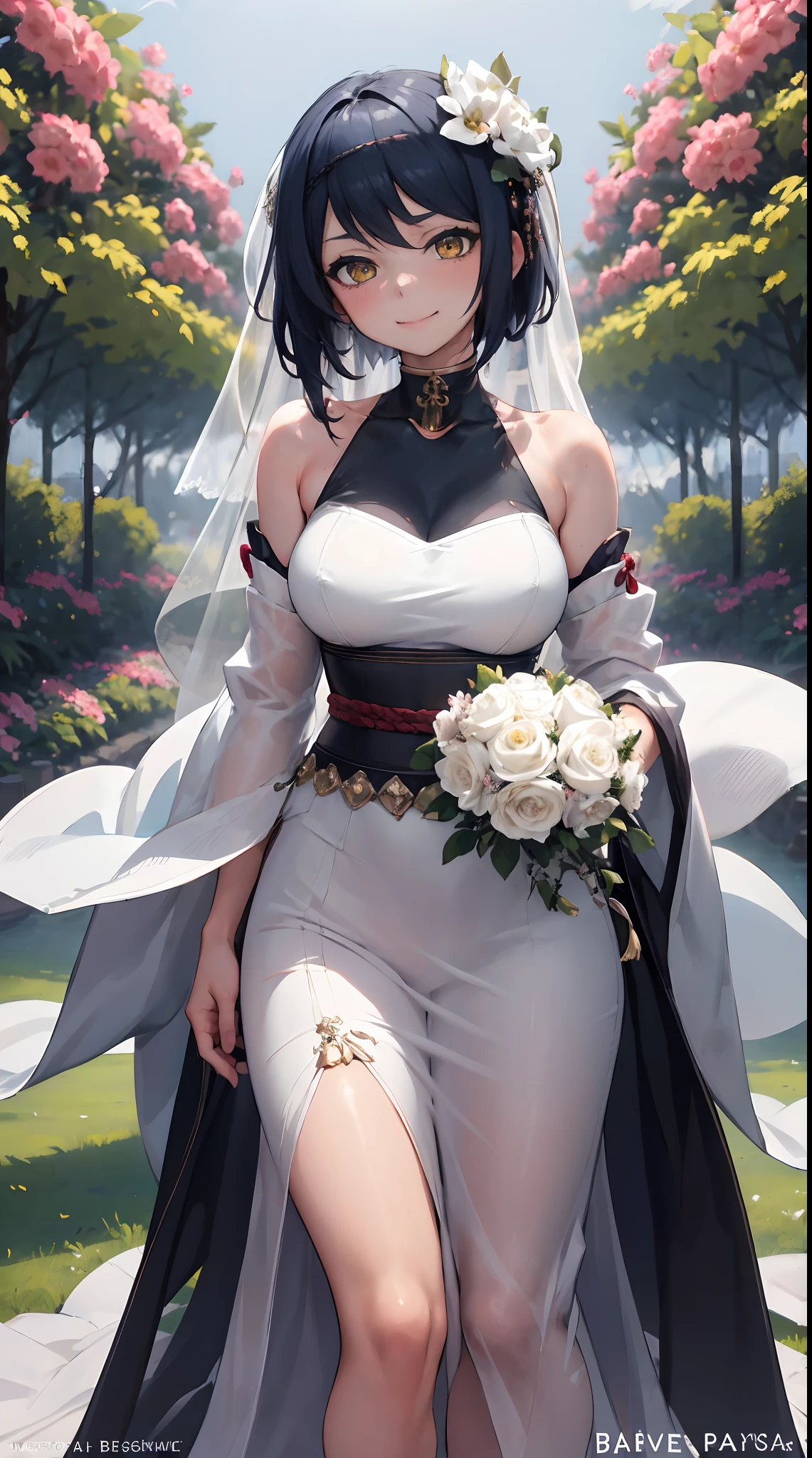 Kujou Sara | genshin impact, master-piece, bestquality, 1girls,25 years old, proportional body, proportional., Wedding Dresses, White Wedding Dress, Long skirt, wedding, ,bara, Standing in the middle of a flower garden, outdoor, wedding, The sky is beautiful, In a paradise of love and happiness.........................................., The bride wears a Japanese dress and a seductive smile.........................................., The passage of time stops at theirs.........................................., On this wedding day of love and happiness.........................................., Bright and beautiful flowers, Holding it in her hands symbolizes the envelopment of love.........................................., Love and friendship through the transmission of flowers, In a paradise of love and happiness.........................................., A bride in a yukata wearing a masika.........................................., It is a form of beauty and elegance.........................................., Show your spouse your heart........................................., In a paradise of love and happiness.........................................., Kochikugisa is the tree of new beginnings.........................................., And their love and affection......................................., And suck a lot of love.........................................., Flowers represent love and peace.........................................., In a paradise of love and happiness.........................................., View viewers from the front., Thigh strap, Head tilt, bored, 10, 10, HD, slight smile,