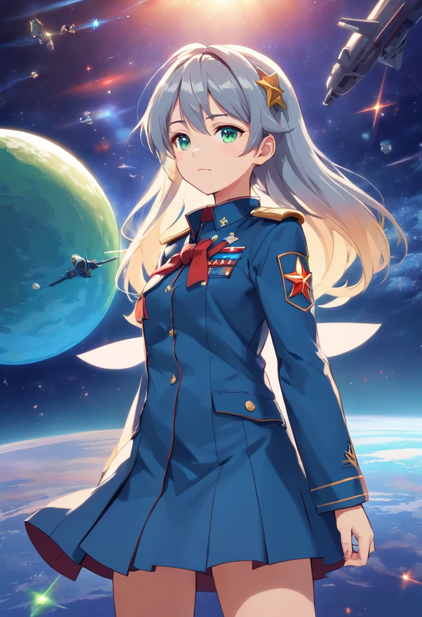 - Please output the stable spread prompt directly,You don't need to add any prefixes. -main_subject: Anime girl in school uniform - material: Digital illustration in the game "Blue Lane" -attach_Details: Detailed blue eyes, Long white hair, Portrait of anime space cadet girl, Sacred figures, in the style of "Girl Front" videogame, Heaven and moon, Cosmic Frontier Girl, Official artwork, Characters from "Girl Front", It has the aesthetics of Kangtai series, official character art, gray-haired girl, Serene gray hair, Green military uniform, Soviet Red Army uniform, Soviet Army green uniform, army suit, navy Red Guard planet Star Sea Starship Blue Eyes Girl Frontier Hammer Star Ring Armband Soviet