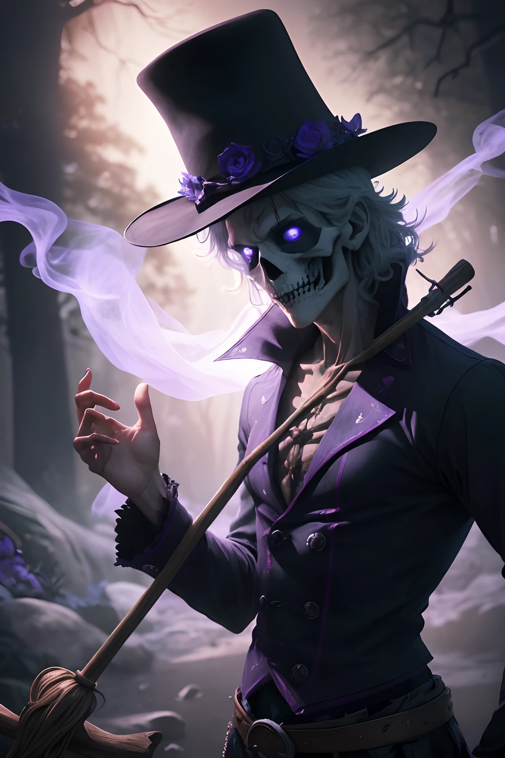 (best quality,4k,8k,highres,masterpiece:1.2),ultra-detailed,(realistic,photorealistic,photo-realistic:1.37),Brook from One Piece,illustration,detailed skeleton musician,with hat and cane,soulful eyes,dancing in a ghostly forest,fallen leaves swirling around,under the moonlight,exuding a mysterious aura,with shadows and highlights accentuating his skeletal features,contrasting warm and cool colors,spooky atmosphere,ethereal glow,with wisps of fog and mist enveloping the scene,studio lighting,with a touch of blue and purple hues,showcasing his musical talent and charismatic character,emitting ghostly melodies,conveying a sense of joy and longing,creating a hauntingly beautiful and memorable depiction of Brook. --auto