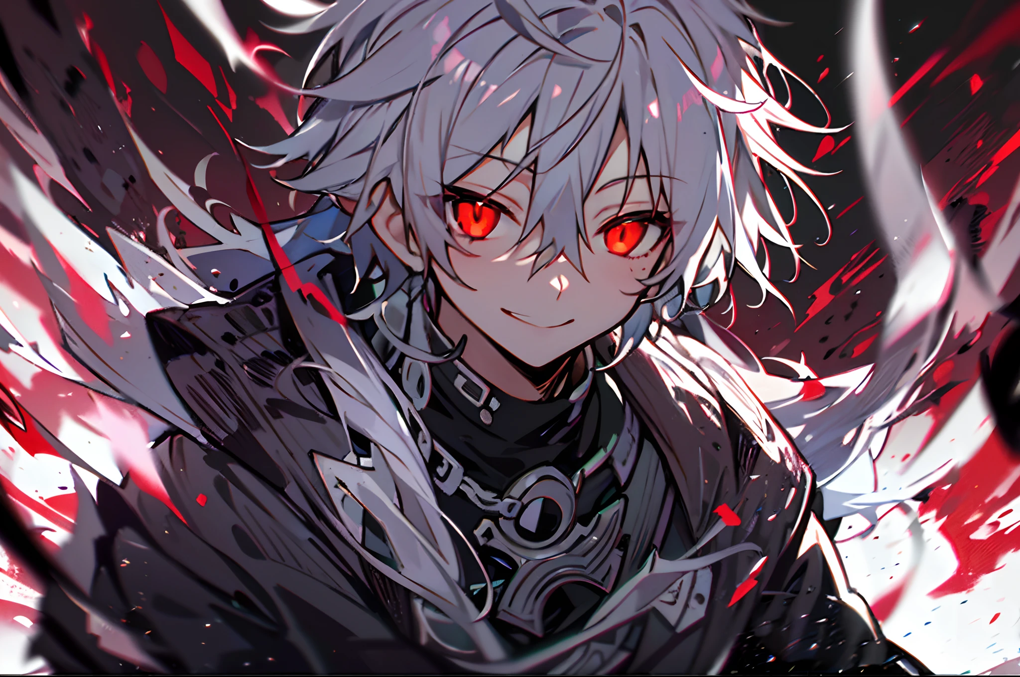 One Boy、hight resolution,close range、Anime boy with white hair and red eyes, Glowing red eyes,slim, dressed in a black outfit,Shadow Body,de pele branca,monochromes,hair messy,smil、