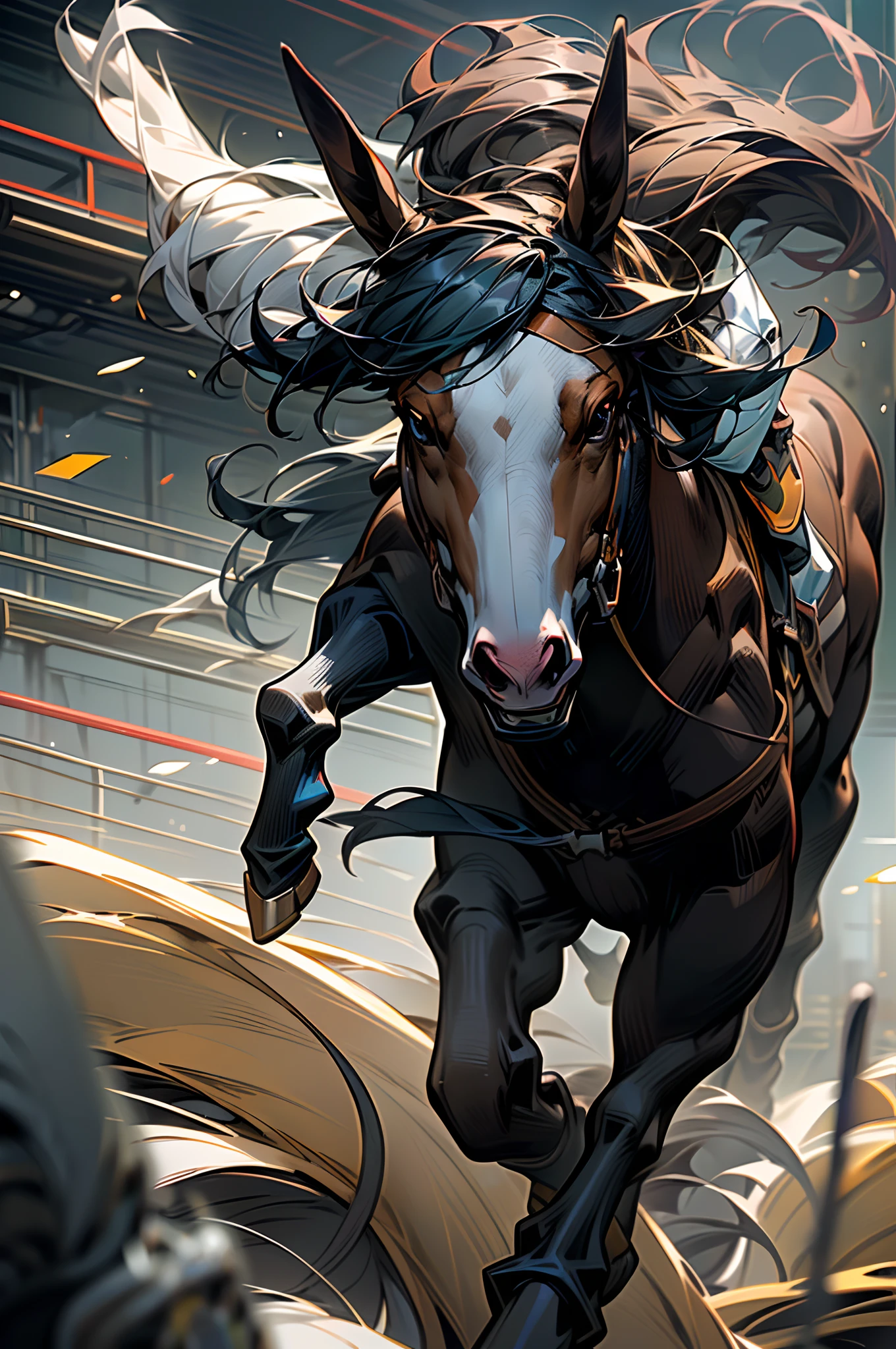 Create an image of a horse chasing a mouse in cartoon form