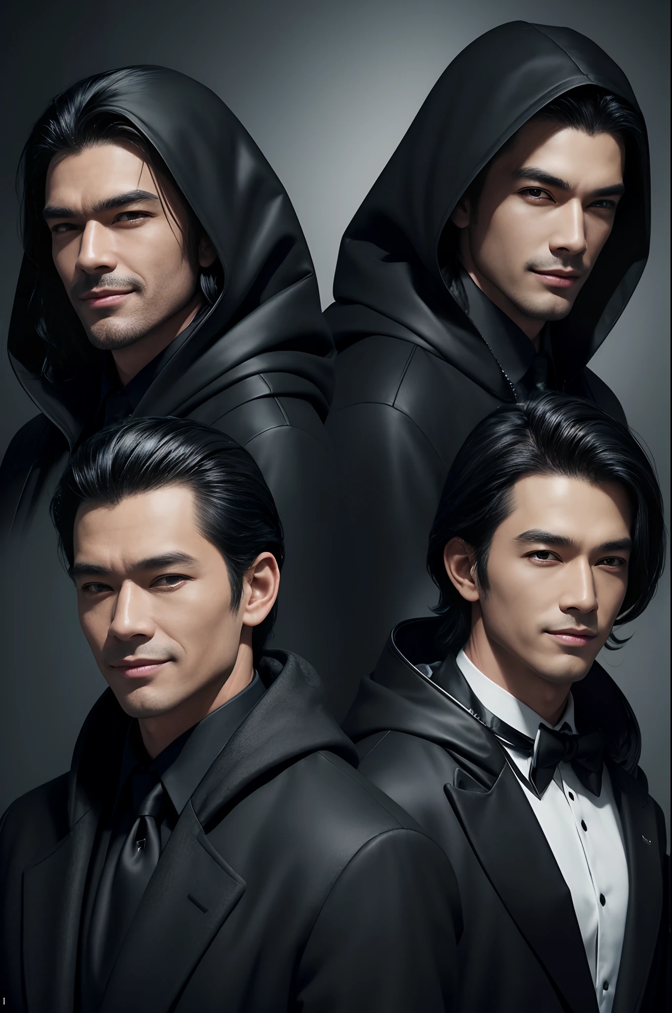 1 Super handsome men,((Surreal details)), Men in black coats with hoods,a smile,Bunching up black hair,Takeshi Kinjo Portrait, globalillumination, Shadow, octan render, 8K, ultrasharp,metal,convolution