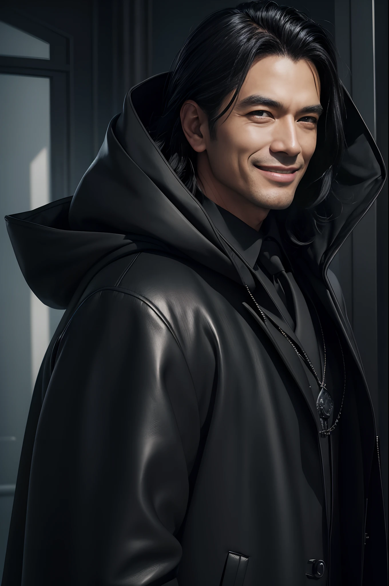 1 Super handsome men,((Surreal details)), Men in black coats with hoods,a smile,Bunching up black hair,Takeshi Kinjo Portrait, globalillumination, Shadow, octan render, 8K, ultrasharp,metal,convolution