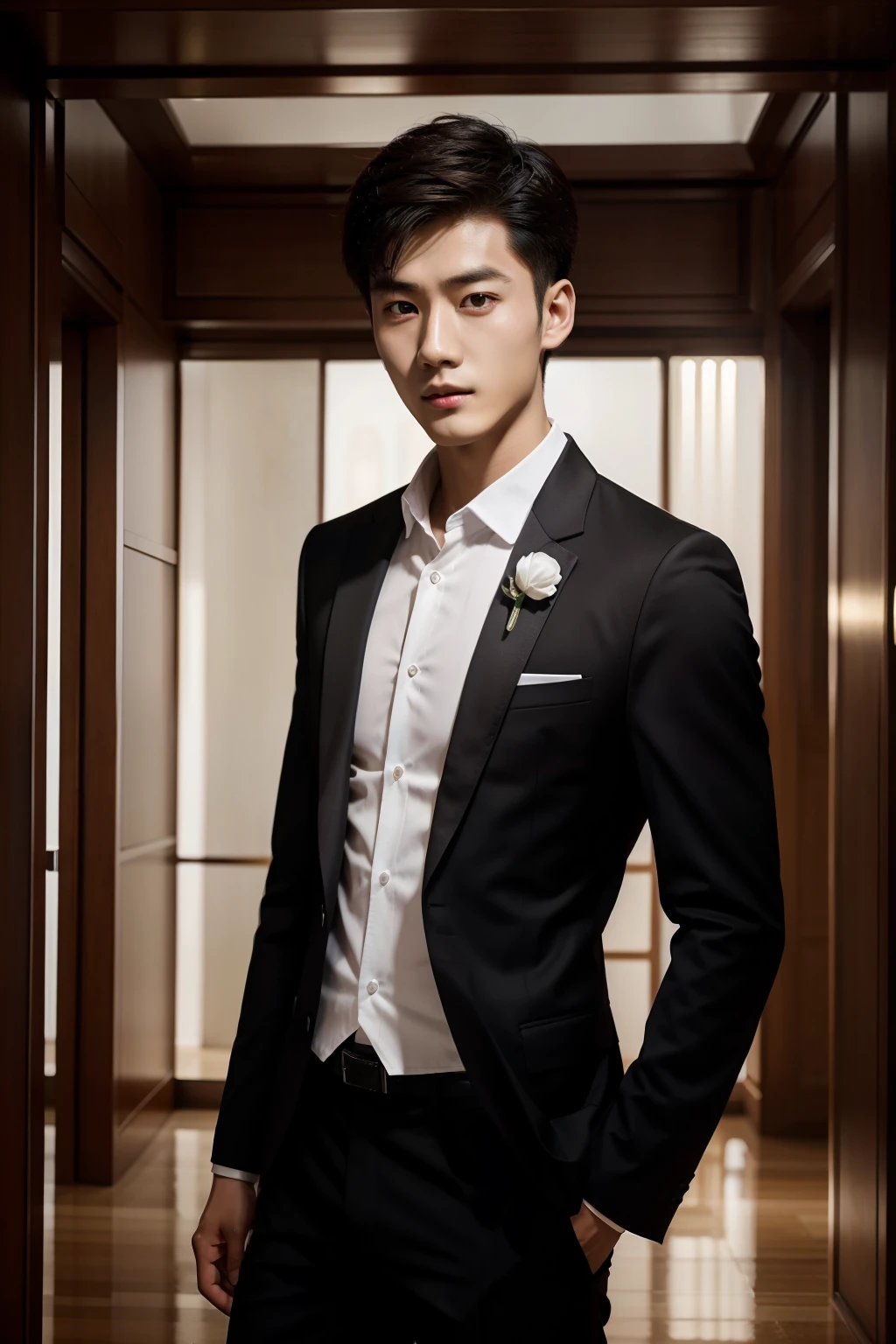 "Xiao Zhan's whole body shows his charismatic personality and charming gaze, Perfect lighting and composition,Bring out what makes him unique."