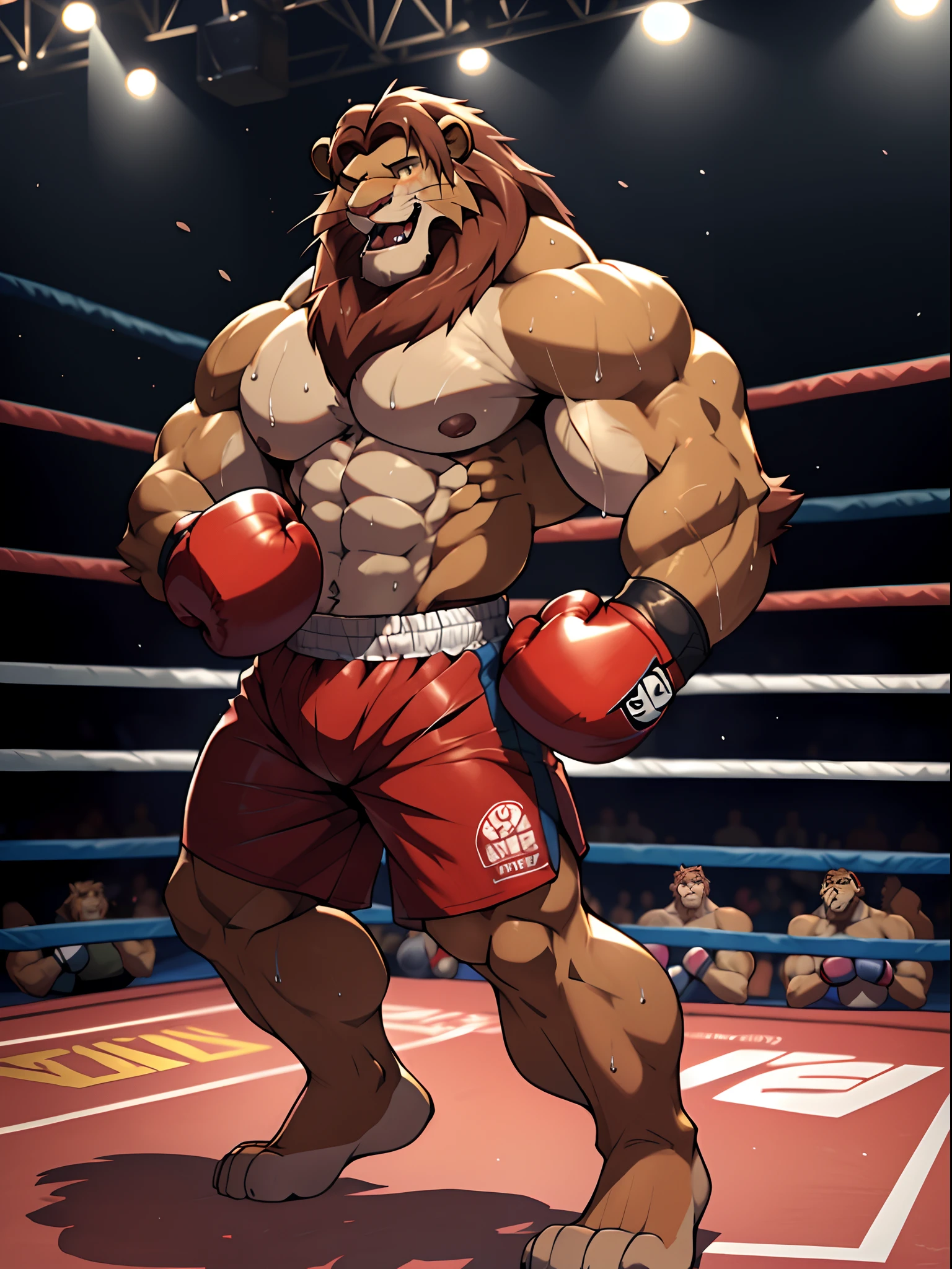 Lora:simba, full height. 4k, high resolution, best quality, posted on e621, solo, anthro body, male lion, adult, masculine, (skinny, strong pectorals, defined muscles, muscular shoulders), correct anatomy, (boxing ring background, gym background), (blurry background, out-of-focus background:1.2), (by wfa:1.0), (by takemoto arashi:1.0), (by Taran Fiddler:0.5), sexy, (cel shaded, cartoony shading:1.2), black lineart, black outline, flat coloring, (strong shadows, dark shadows:1.2), (pink shorts, topless, boxing gloves), sexy shadows, lion tail, slim posture, open mouth, sticking out tongue, open:1 eyes, detailed eyes, tilted head, exhausted, wet sweat:1.2, (bruised:1.6, shiner:1.2), lying