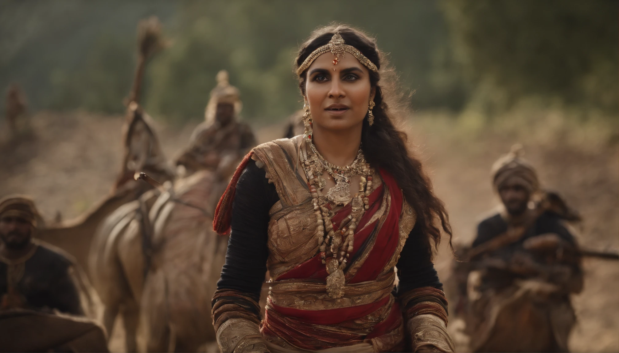 {It vividly depicts the rebellious queen Rani Lakshmibay dressed in traditional 19th-century Indian combat attire, Lead her troops into fierce battles，The moment she was hit in the abdomen by a bullet}, Realistic style, Artistic inspiration by Greg Rutkowski, camera: Medium telephoto, Shot: Wide, Rendering-related information: (hyperrealistic 3 d render:1.16), (rootkowski:1.1), (Intricate details:1.2), (Oil painting:1.3)