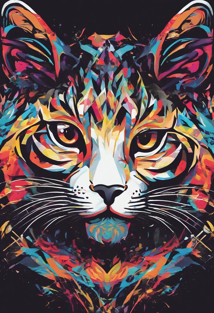 Colorful logo, Cute minimalist illustration of kitten head vector art, devant, magique, Design pointu, Memorandum of Understanding, couleur monochrome, Dark Magic Colorful Splatter Paint, Conception de t-shirt, Studio Ghibli Style, The design must be vector art . Using Adobe Illustrator, Create a, Logo simple mais captivant. Keep the design centered on the cat's eye, Capture its uniqueness and charm. The logo should evoke a sense of sophistication and tranquility. Emphasis on low-poly styling adds a touch of luxury. The overall aesthetic should be sleek and stylish, pertinent par rapport aux objectifs de votre marque et de votre logo, Black Backgrounds, ((Simemeter)) It's a little tiger