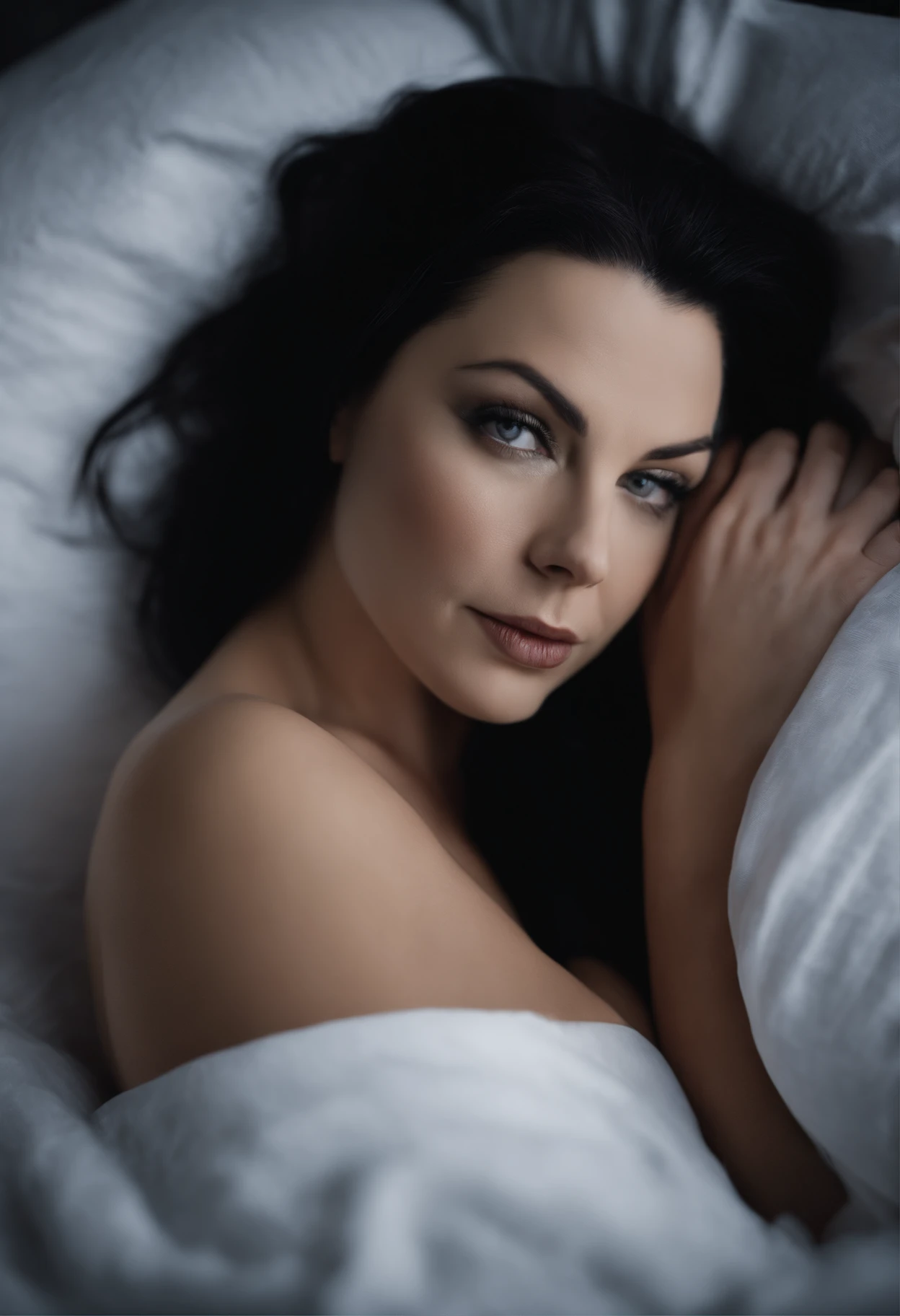 Amy Lee from Evanescence Band, ????, no bra, no underwear, nude, breasts, body, ???, ??????, photorealistic, (high definition skin: 1.2), pele branca, mulher, Lying in bed with white sheets, olhar sedutor, deitado na cama, bonita, lo gothic, Ultra HD