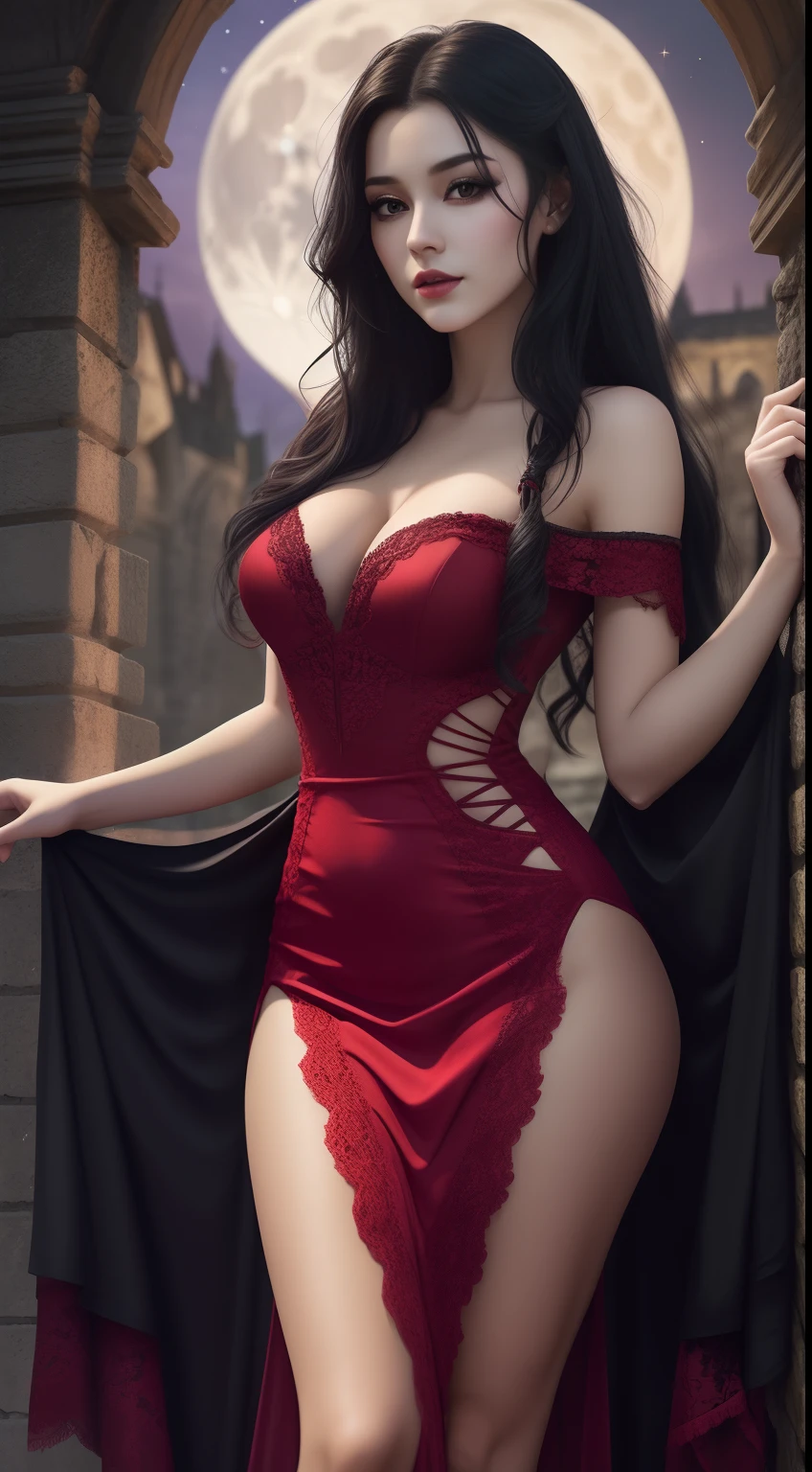 A Pretty Rogue with
Long black hair and captivating eyesBald skin and slightly reddish lips ((long red dress))and fluid with lacy detailsConfident and seductive pose, holding a fanNight scenery in an ancient Gothic castle, with the full moon in the sky