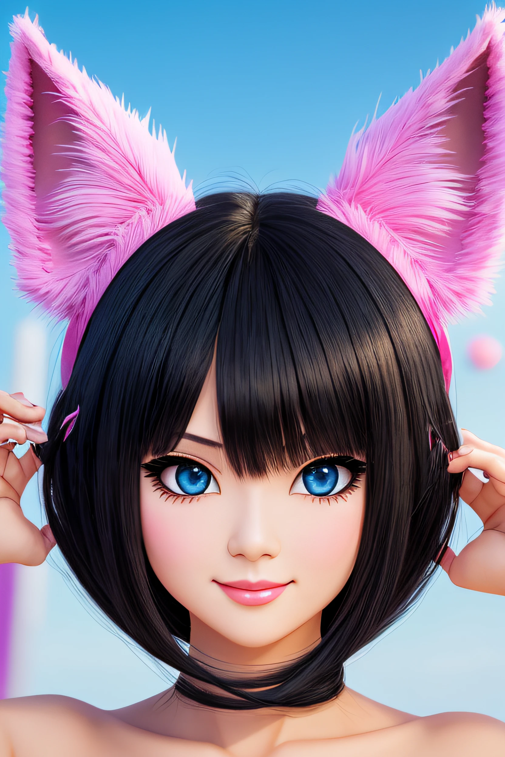 black hair, hair bobbles, wince, longeyelashes, solid circle eyes, fake animal ears, light smile, ear blush, fang, Surrealism, drop shadow, anaglyph, stereogram, tachi-e, pov, atmospheric perspective, 8k, super detail, ccurate, best quality --auto