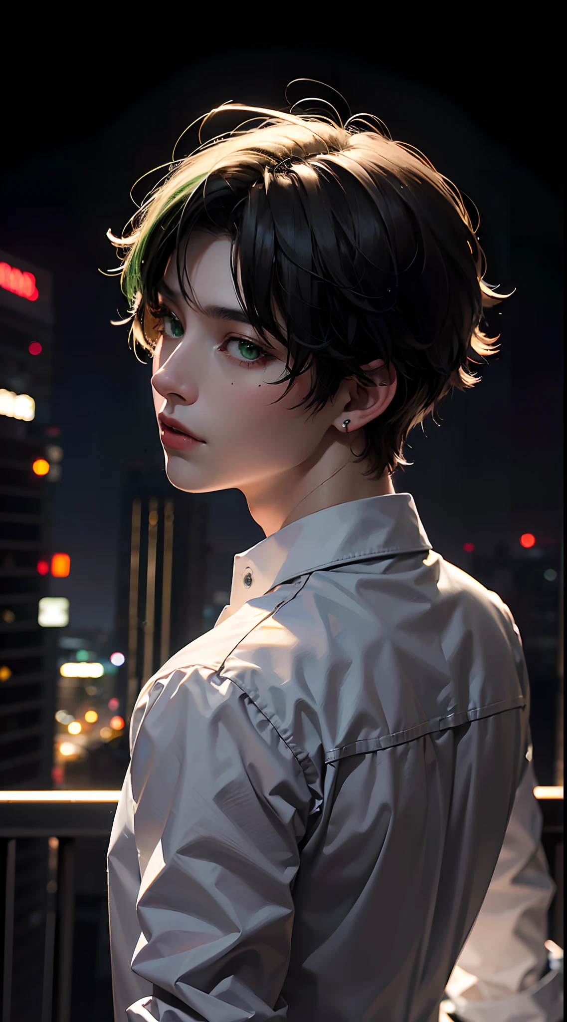 (​masterpiece、top-quality、realisitic:1.2)、(intricate and delicate、high detailed skin and face)、Suits、((17 year old boy:1.2))、white  shirt、5 piercings、(facing back)、((Green eyes and short hair))、On the roof of a high-rise building、Night background、Cinematic soft lighting、8k wallpaper、Unity、art  stations、High Resolution CG
