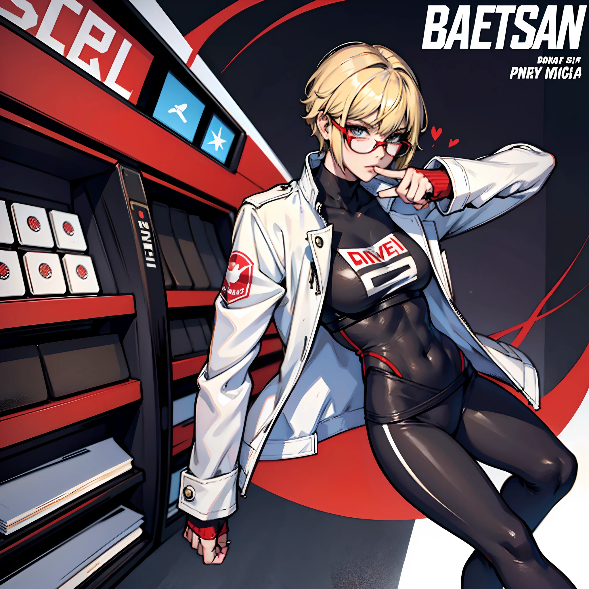 comics character, tall, pretty, young, teenager, short blonde hair, bangs, wears red glasses, confident face, has an athletic body, black wears leggings, wears a white jacket with red details, EnvyBetterHands LoCon, masterpiece