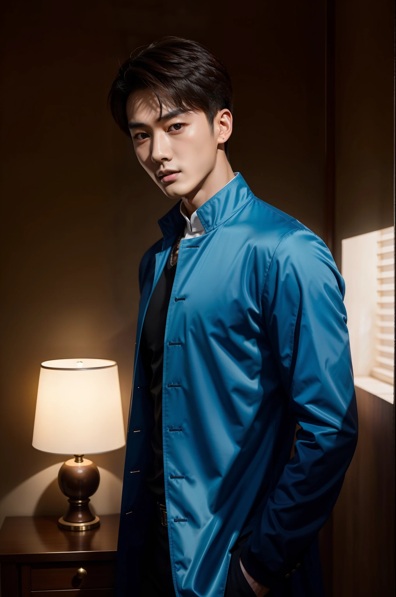 "Xiao Zhan's whole body shows his charismatic personality and charming gaze, Perfect lighting and composition,Bring out what makes him unique."