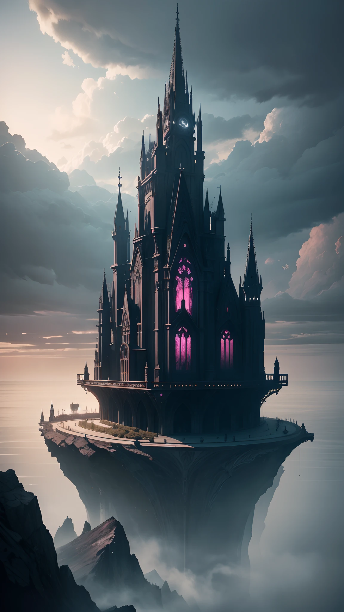 1 Create a mesmerizing scene featuring a dark floating celestial fortress, majestic noir architecture, Integrating eerie acoustic guitars and piano keys into the landscape and architecture.