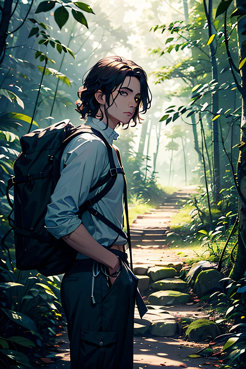 A man with wavy hair and light color hair, light blue eyes and dimples stands in a serene forest. He is dressed in hiking gear and holds hiking equipment, ready for an adventure. The man's hair flows gently in the breeze, complementing his vibrant eyes. The forest background is filled with tall, lush trees, providing a peaceful and natural atmosphere. The light that filters through the leaves creates dappled patterns on the ground, adding to the calm ambiance. The image quality is of the highest standard, with ultra-detailed features and realistic textures. The colors are vivid and evoke a sense of tranquility, with a light and airy color palette. The lighting is soft, with a natural glow illuminating the scene, accentuating the man's features and the beauty of the forest.