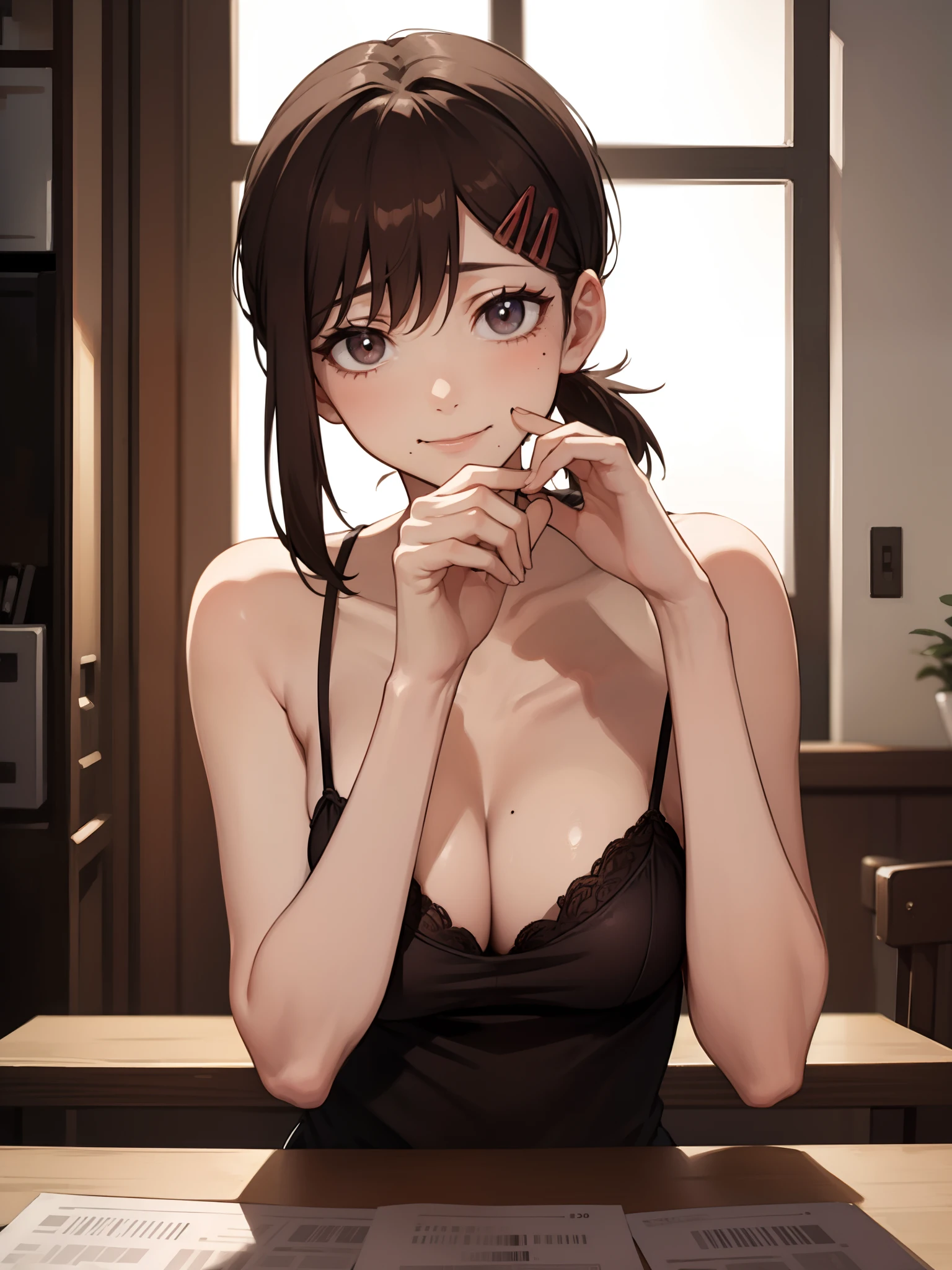 ((solo, 1 girl)), kobenihigashiyama, kobeni higashiyama, black hair, hair ornament, hairclip, mole, mole under eye, ponytail, short hair, (brown eyes:1.5), ((BREAK , camisole )), (smile), attitude, medium breast, medium boobs, cleavage, BREAK looking at viewer, BREAK indoors, ((sitting on table, squished against table)), (((face focus, face closeup, alluring face))), beautiful face, ((hand on chin)) BREAK (masterpiece:1.2), best quality, high resolution, unity 8k wallpaper, (illustration:0.8), (((only upper body, upper body shot))), (beautiful detailed eyes:1.6), extremely detailed face, perfect lighting, extremely detailed CG, ((perfect hands, perfect anatomy)),((hand covering ))