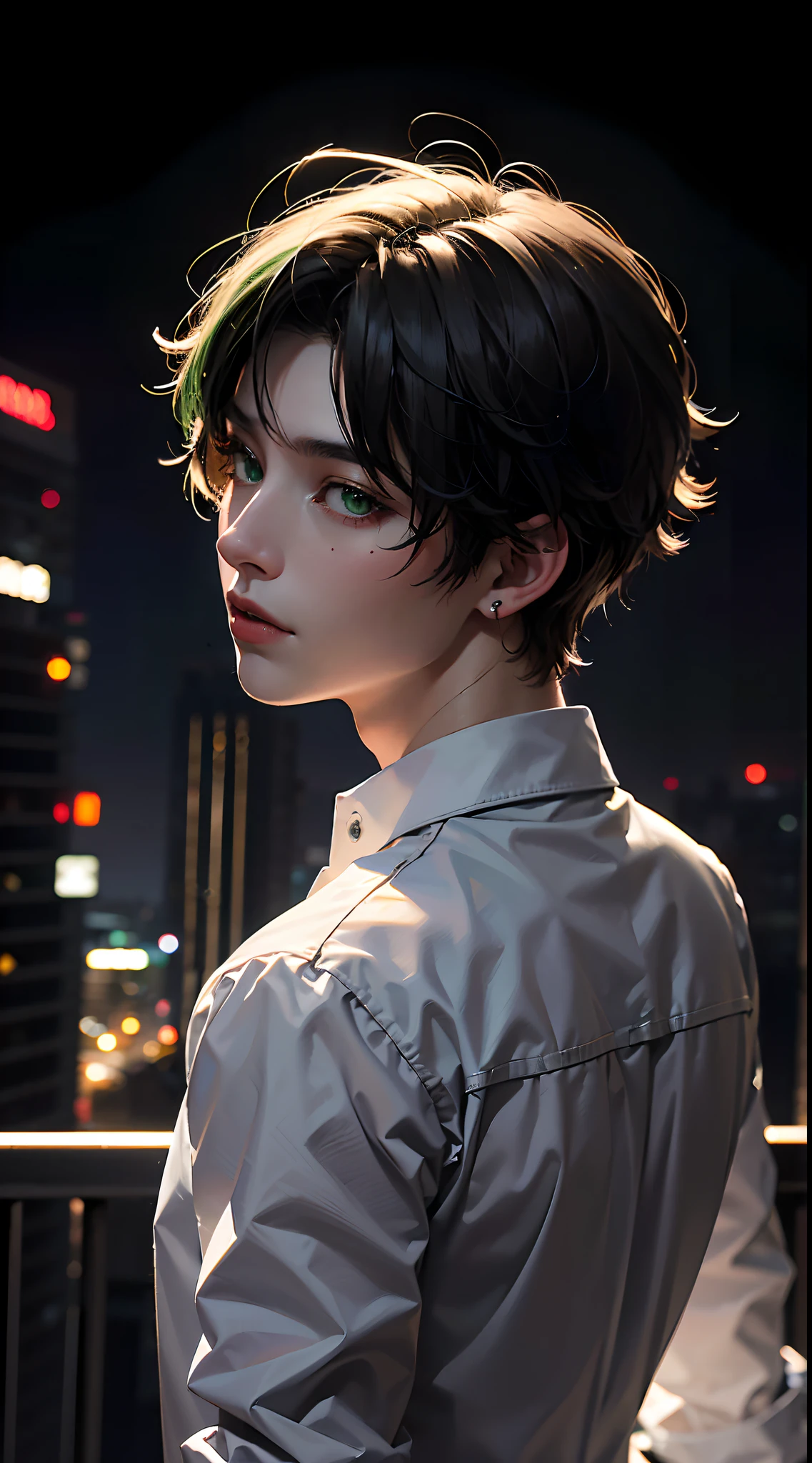 (masterpiece、top-quality、realisitic:1.2)、(intricate and delicate、high detailed skin and face)、Suits、((17 year old boy:1.2))、white shirt、5 piercings、(facing back)、((Green eyes and short hair))、On the roof of a high-rise building、Night background、Cinematic soft lighting、8k wallpaper、Unity、art stations、High Resolution CG