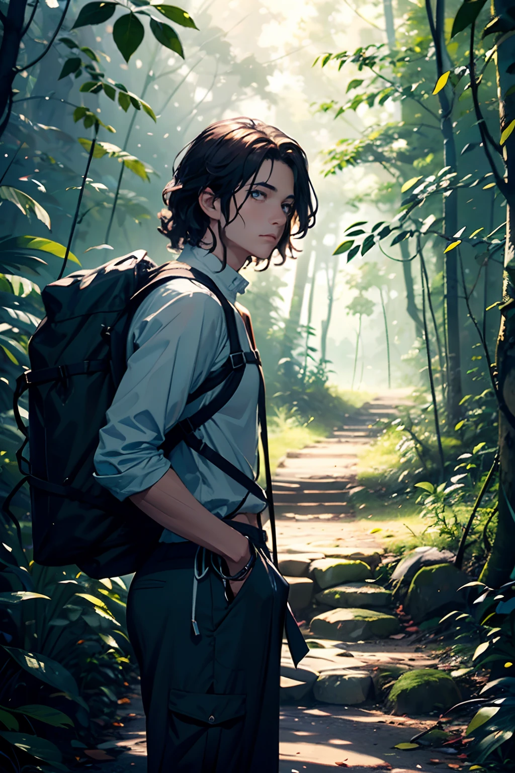 A man with wavy hair and light color hair, light blue eyes and dimples stands in a serene forest. He is dressed in hiking gear and holds hiking equipment, ready for an adventure. The man's hair flows gently in the breeze, complementing his vibrant eyes. The forest background is filled with tall, lush trees, providing a peaceful and natural atmosphere. The light that filters through the leaves creates dappled patterns on the ground, adding to the calm ambiance. The image quality is of the highest standard, with ultra-detailed features and realistic textures. The colors are vivid and evoke a sense of tranquility, with a light and airy color palette. The lighting is soft, with a natural glow illuminating the scene, accentuating the man's features and the beauty of the forest.