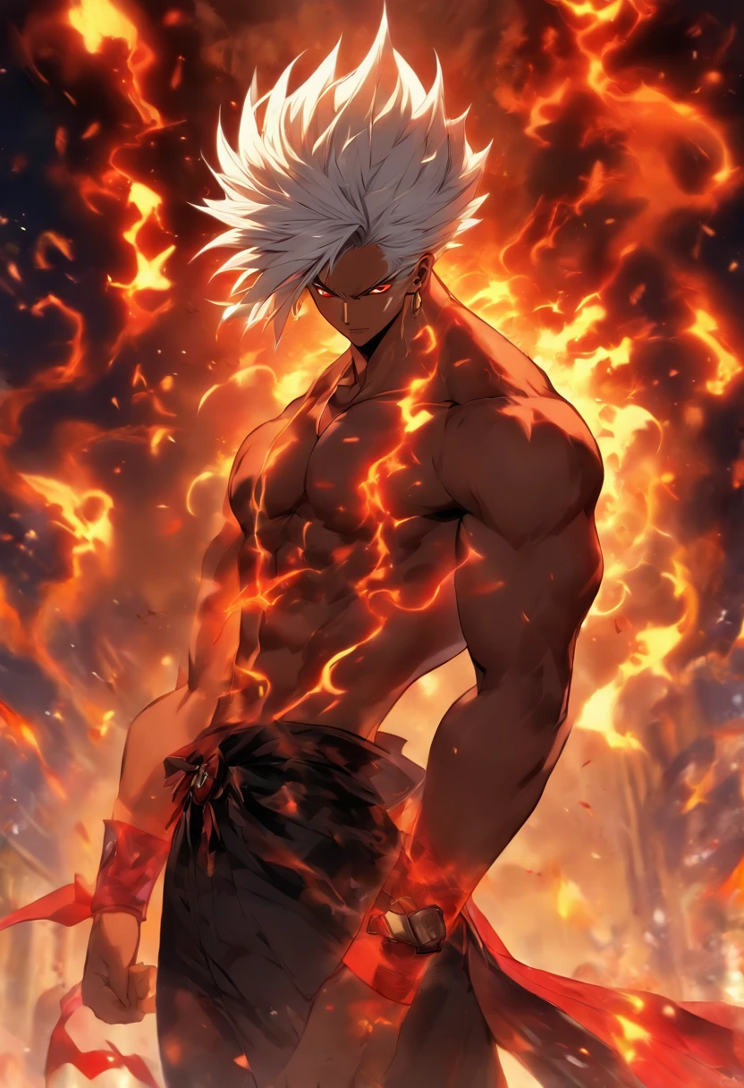 Male anime character with white hair and red eyes, Character Album Cover, full art, antasy character, full art illustration, full portrait of elementalist, character profile art, official character art, official character illustration, merlin, high detailed official artwork, game key art, omoide emanon, otzi, Mobile game art, poison fangs, Smook, White hair, No shirt, Muscular body, walking pose