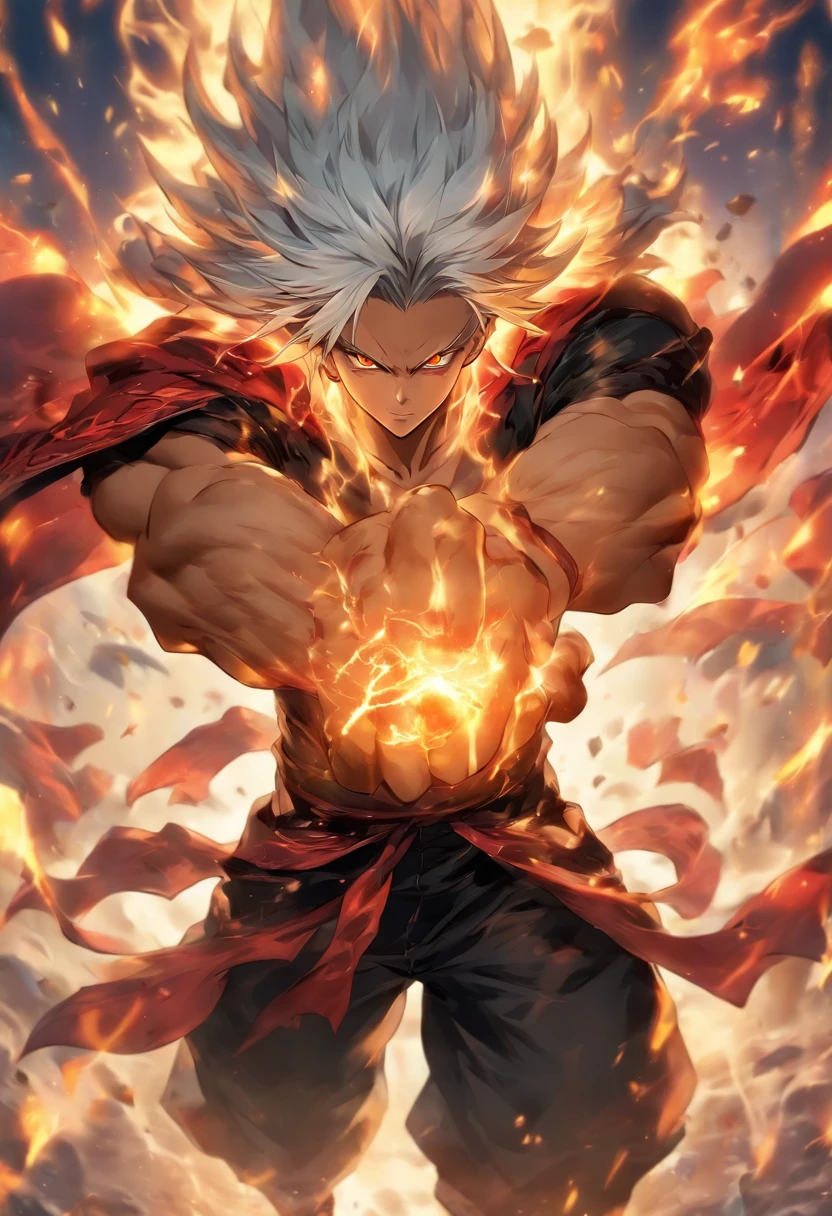 Male anime character with white hair and red eyes, Character Album Cover, full art, antasy character, full art illustration, full portrait of elementalist, character profile art, official character art, official character illustration, merlin, high detailed official artwork, game key art, omoide emanon, otzi, Mobile game art, poison fangs, Smook, White hair, No shirt, Muscular body, walking pose
