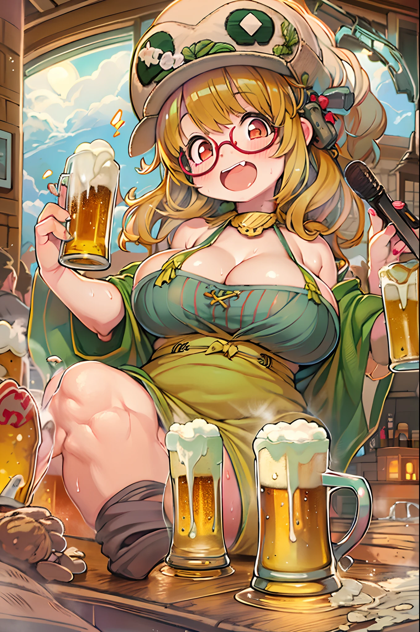 Two-dimensional girl、((From the top))、huge-breasted、big round glasses、bbw,Large Thigh、Two girls、lesbian、red blush、izakaya、beer、cheers、Onepiece、a child girl,Lori