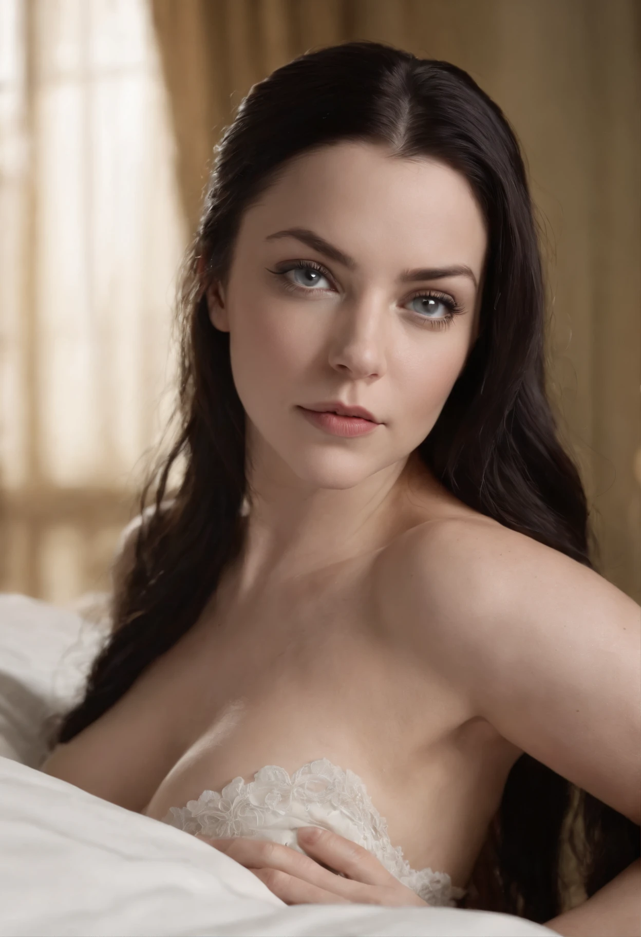 Amy Lee from Evanescence Band, porn, no bra, no underwear, nude, breasts, body, sex, vagina, photorealistic, (high definition skin: 1.2), pele branca, mulher, Lying in bed with white sheets, olhar sedutor, deitado na cama, bonita, lo gothic, Ultra HD