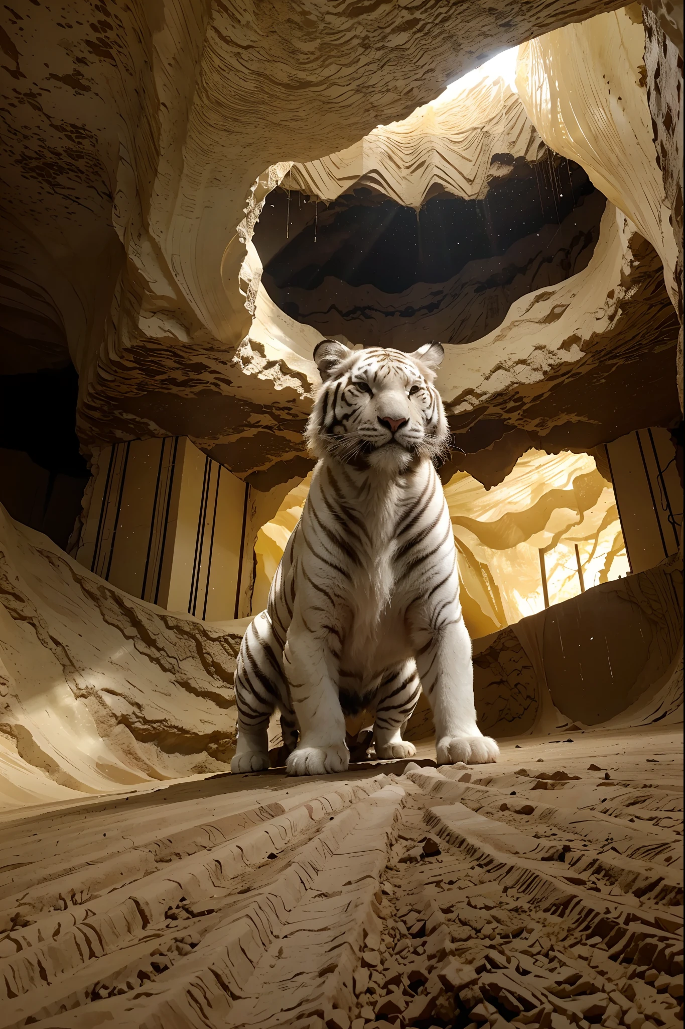 Big Yellow Cave Well,Masterpiece,超高分辨率，Mighty and domineering white tiger，King of the Forest，Top-down top-down perspective