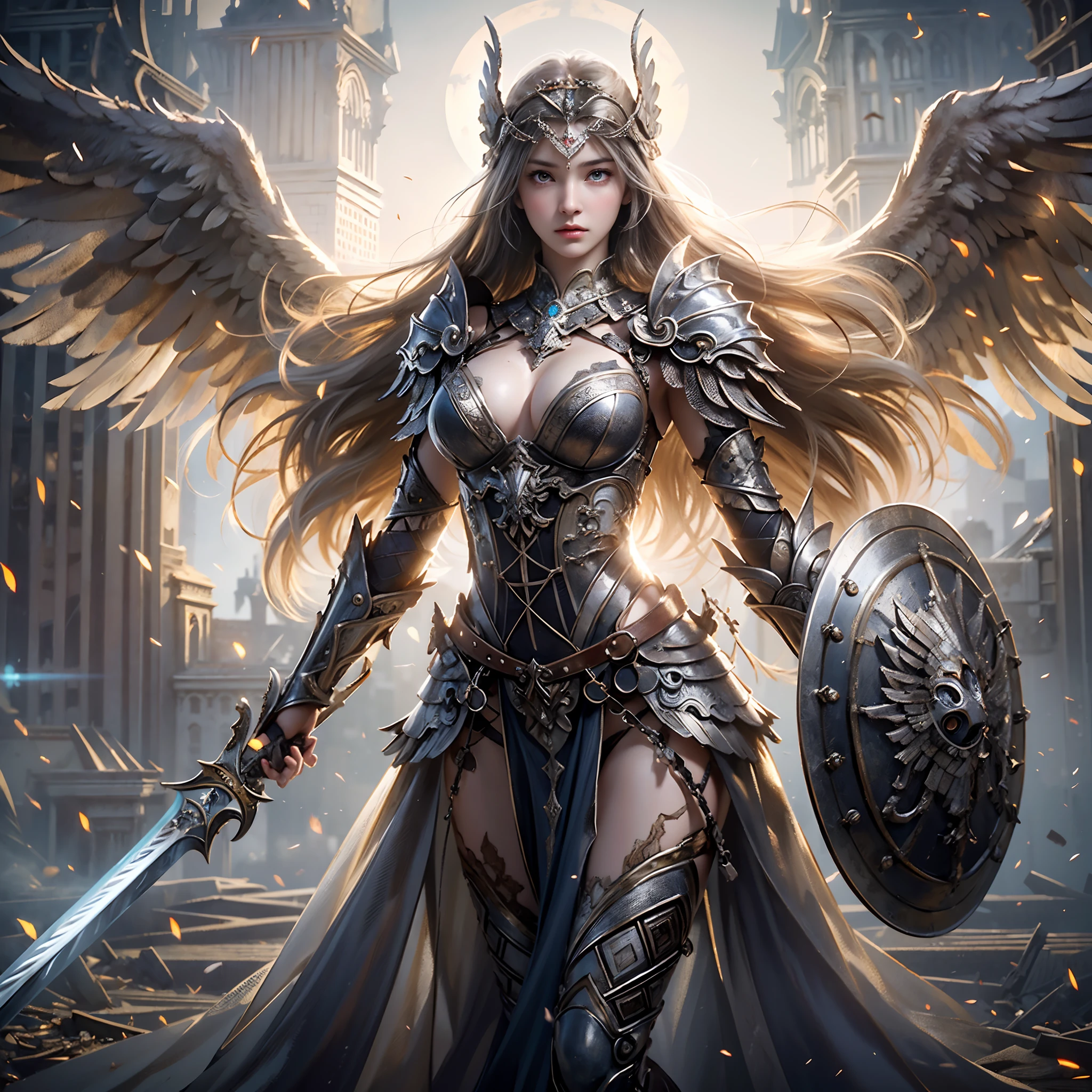 Masterpiece, ((1girl, standing on ruined buildings, close-up, realistic)), realistic visuals, artistic refinement, captivating beauty, dramatic contrasts, 8k wallpapers, absurdity, incredible absurdity, valkyrie, beautiful armor, wing, (holding silver sword)), hair floating in the air, ((best quality: 1.5))
