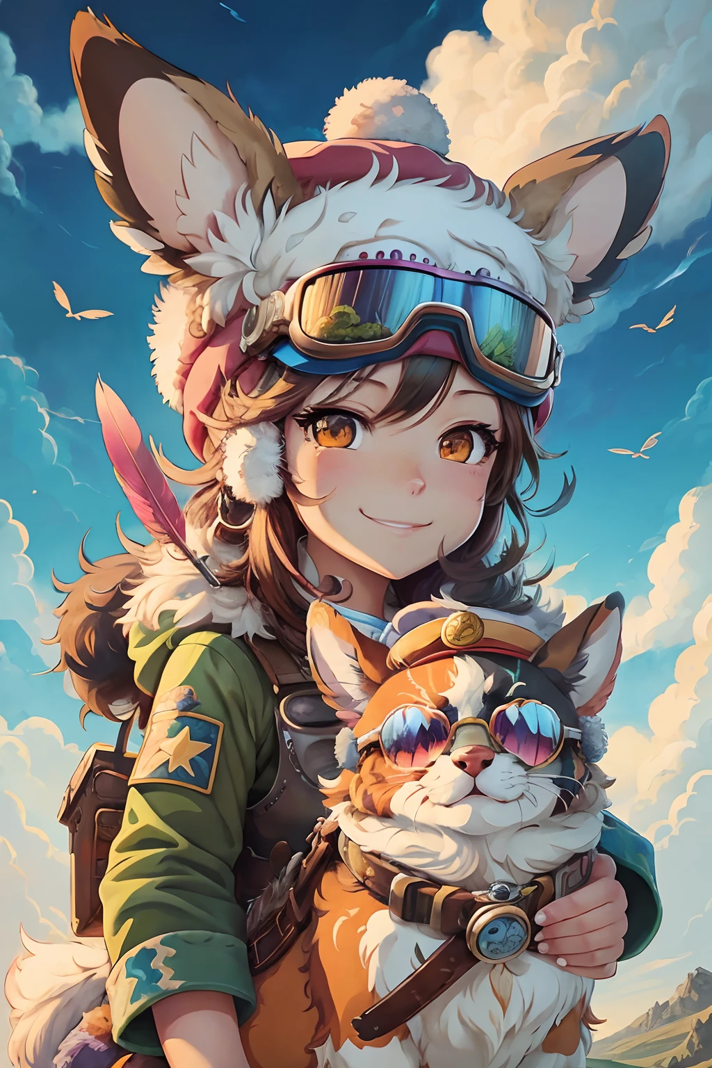 highres,painting,Chopper,anime,portrait,vivid colors,Detailed fur and feathers,expressive eyes,smiling face,cute hat and goggles,lovable character,action pose,background with sunny sky and clouds --auto