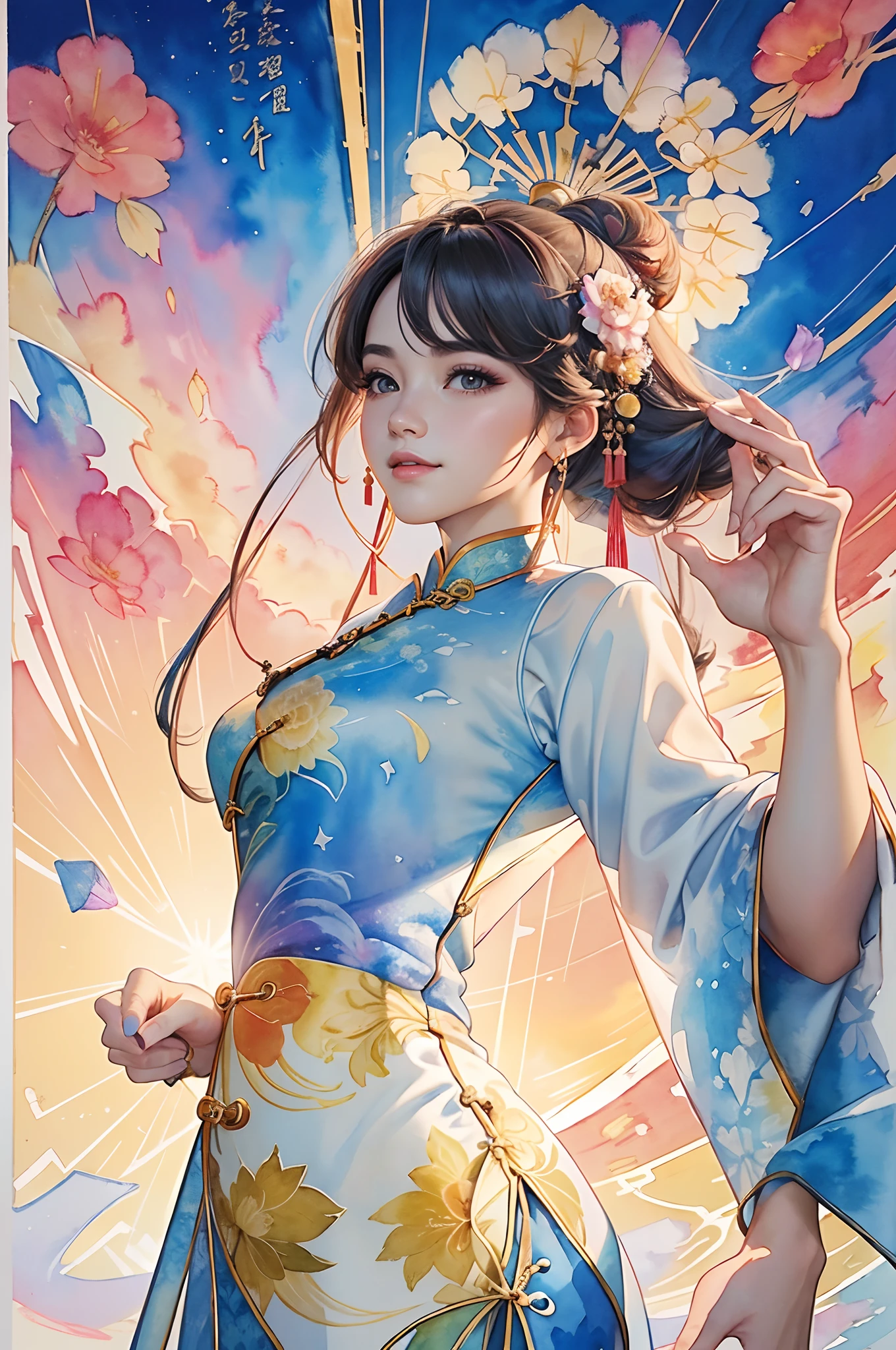 8K,masterpiece,top-quality, (From below:1.6) ,Dynamic Pose,30-year-old woman with,Portrait, light, Long hair, ssmile, watercolor paiting \(Medium\),watercolor paiting,(Cheongsam that adheres to the body:1.3)