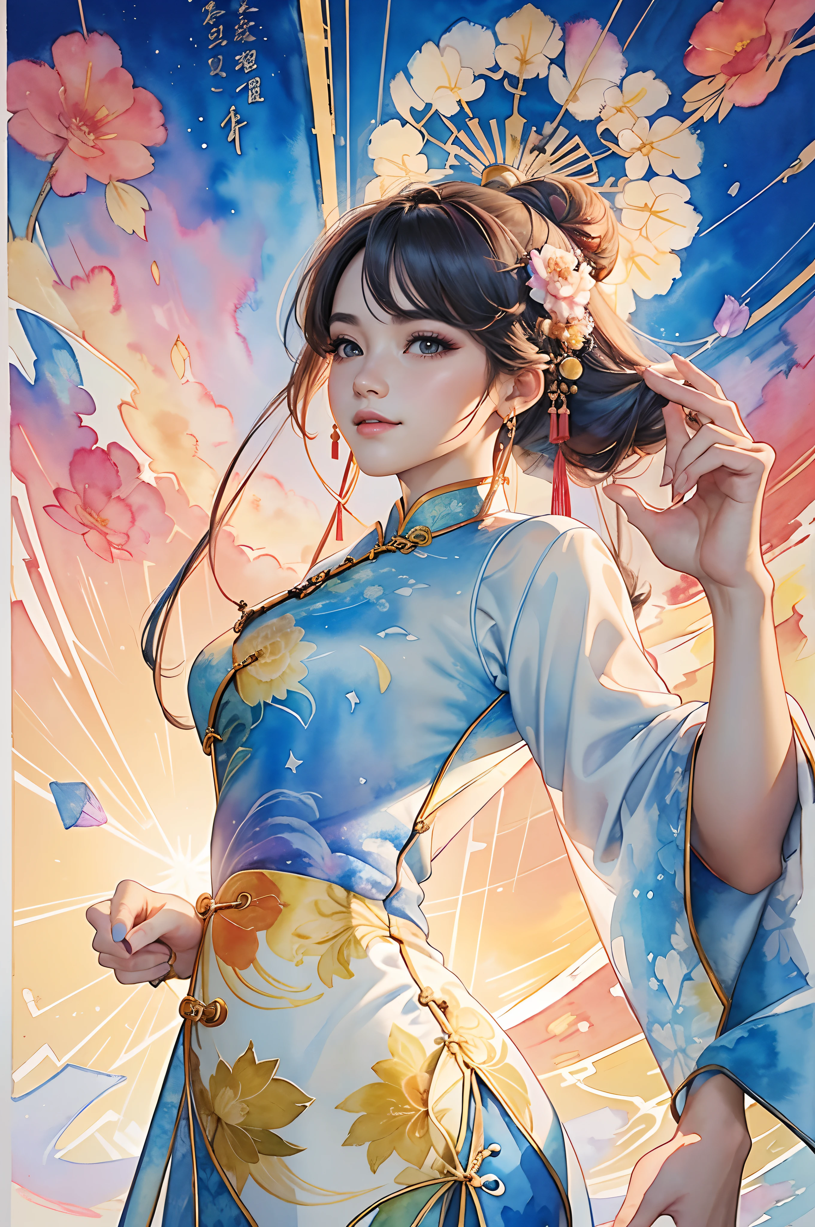 8K,masterpiece,top-quality, (From below:1.6) ,Dynamic Pose,30-year-old woman with,Portrait, light, Long hair, ssmile, watercolor paiting \(Medium\),watercolor paiting,(Cheongsam that adheres to the body:1.3)