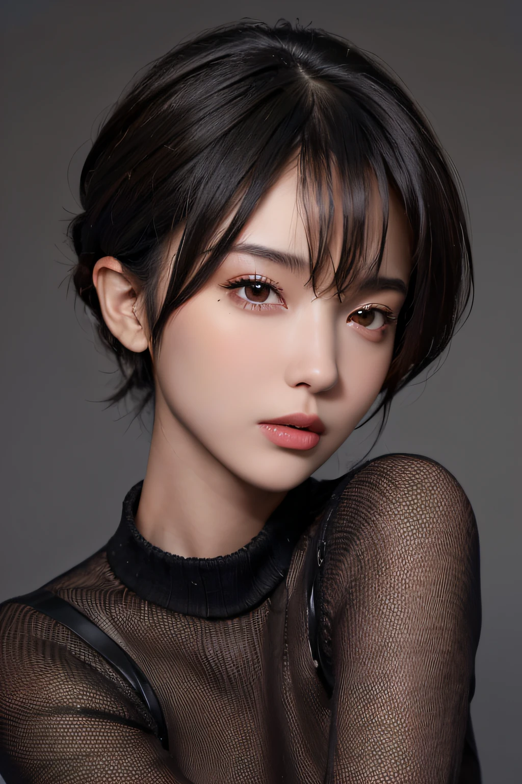 (masterpiece:1.3), (8k, photorealistic, RAW photo, best quality: 1.4), (1girl), beautiful face, (realistic face), (black hair, short hair:1.3), beautiful hairstyle, realistic eyes, beautiful detailed eyes, (realistic skin), beautiful skin, (sweater), absurdres, attractive, ultra high res, ultra realistic, highly detailed, golden ratio