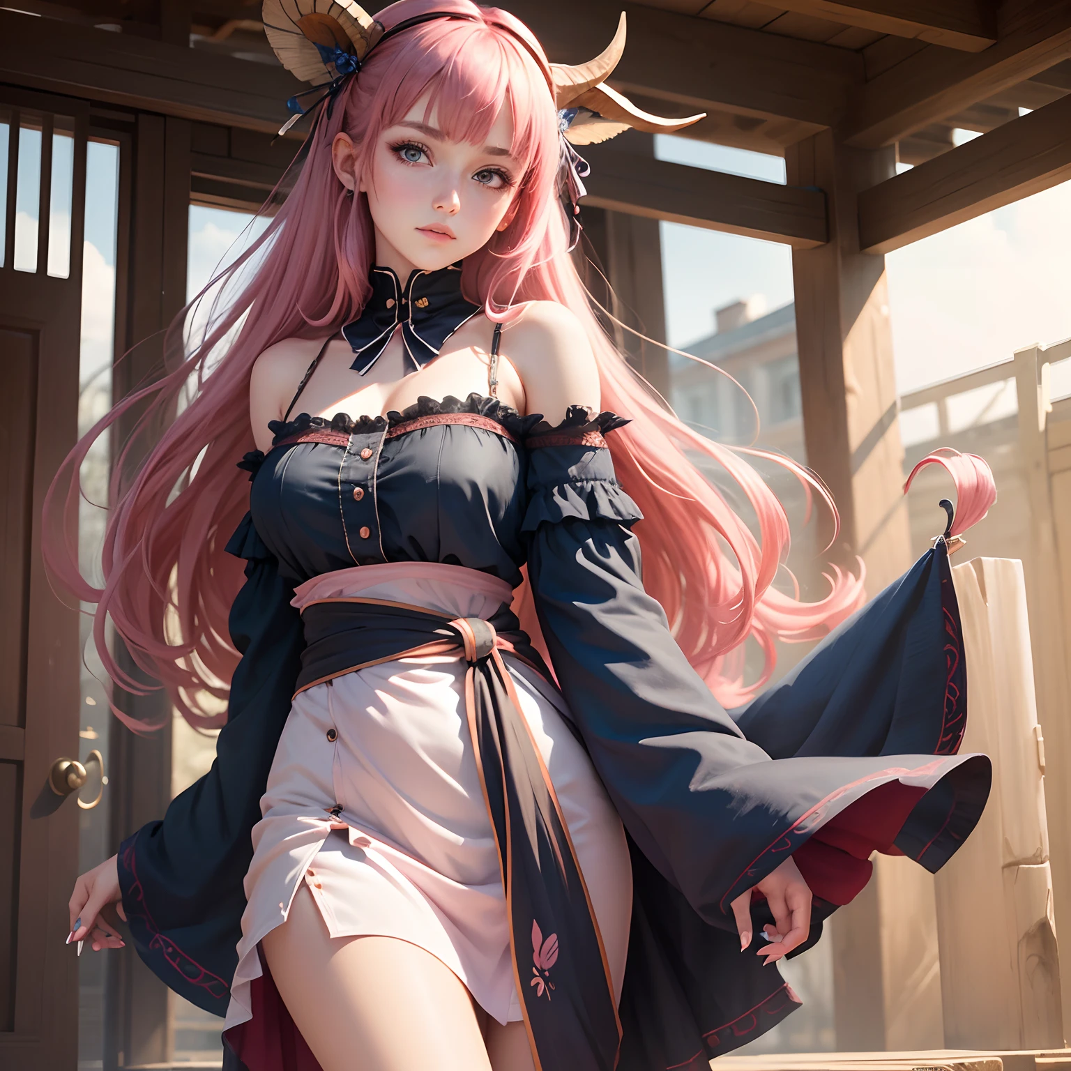 (finely detailed beautiful eyes and detailed face,masterpiece sidelighting,masterpiece,best quality,detailed,high resolution illustration),, (1girl,whole body,bishoujo,lustrous skin,looking down,looking at viewer),, (pink hair,blue eyes,ribbon,hanbok, korean clothes), (clothed_underbust:1.2),underboob,