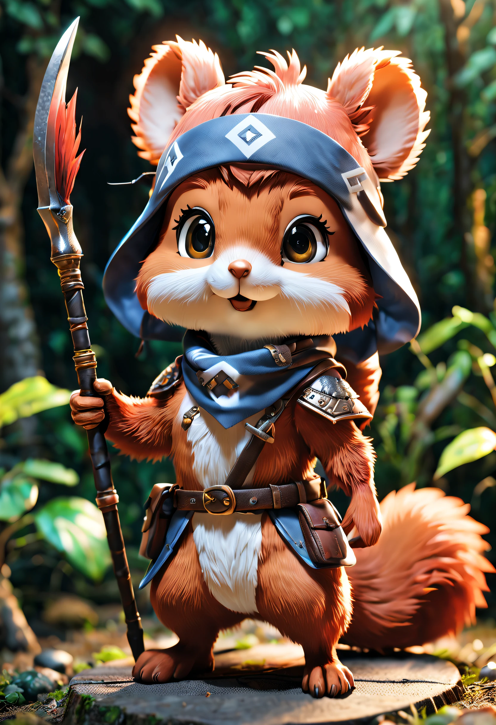 full body Esbian、Cool squirrel、Pop Squirrel、diorama、symple background、White background、bandana、holding a spear in your hand、masterpiece, Best Quality, Capture super cute moments, depth of fields, ultra-detailliert, Ultra High Resolution, Octadale, 8K, 16 K