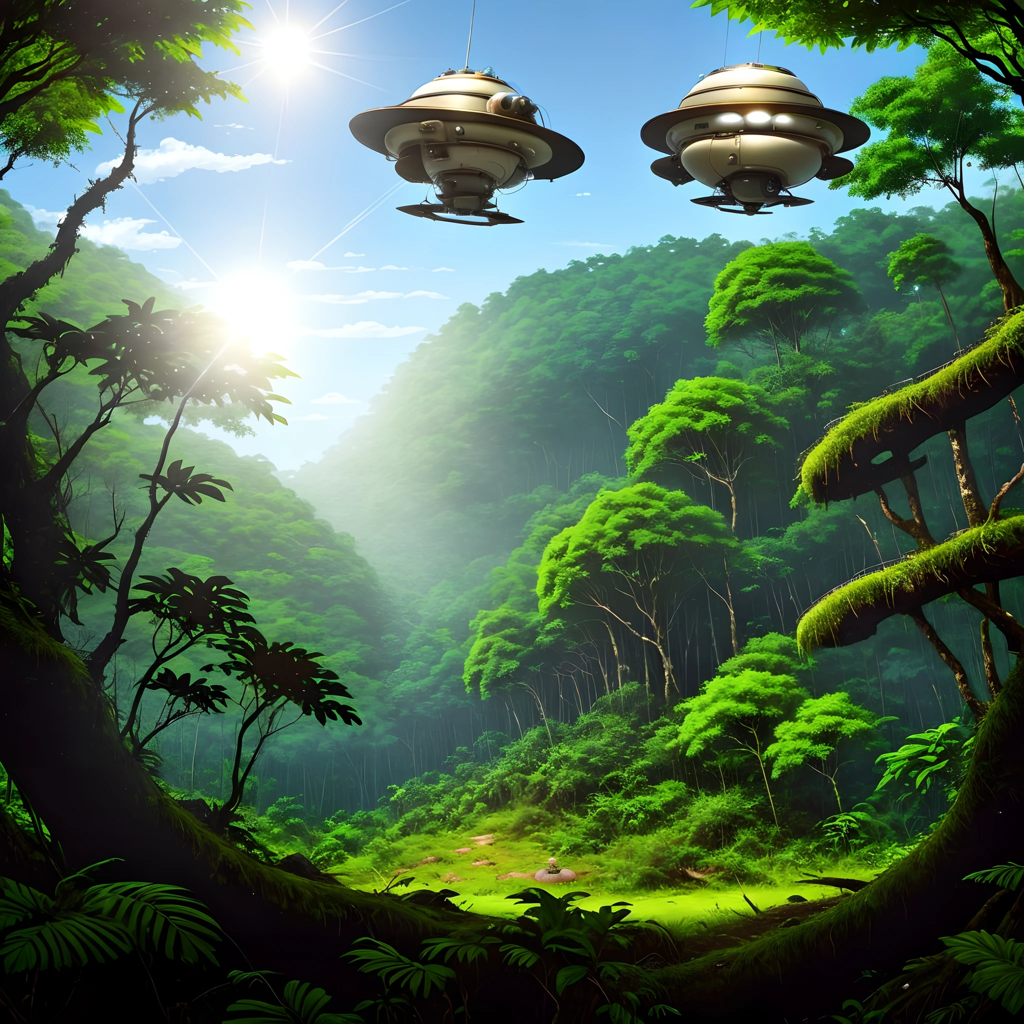 A small flying saucer above a thick jungle under a bright sun