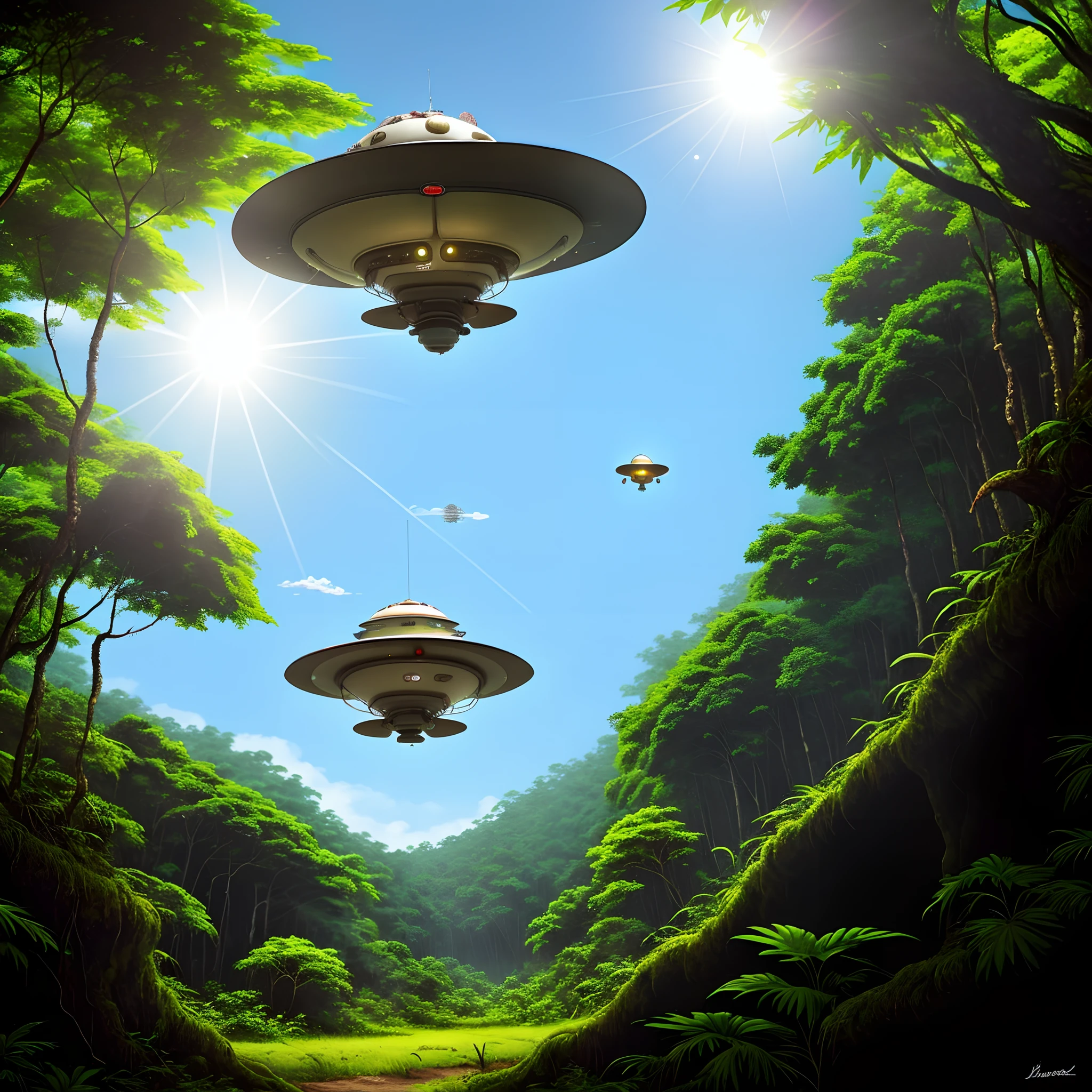 A small flying saucer above a thick jungle under a bright sun