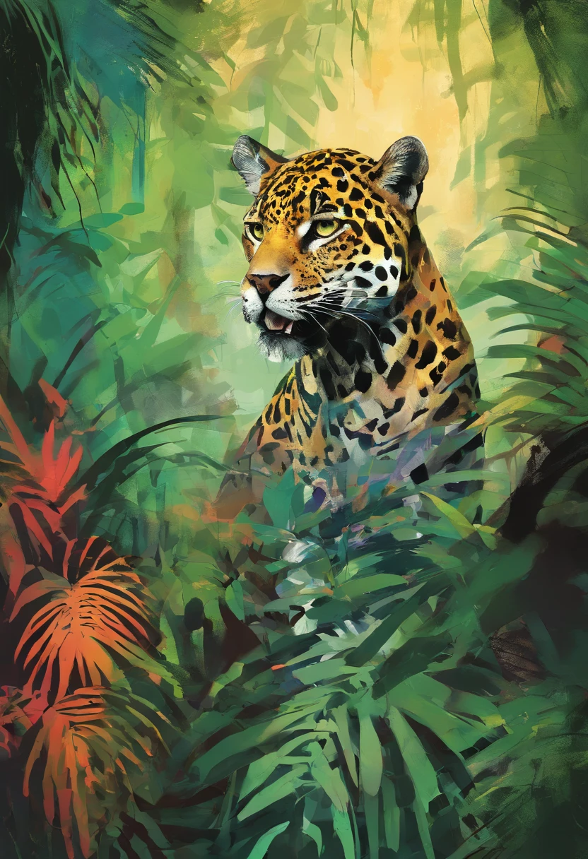 {{Un jaguar en una impactante acuarela expressionista}}. This painting depicts the majestic animal in its jungle environment. The expressionist technique will be used to capture the essence of the jaguar in an abstract and emotional way. The quality of the paint will be exceptional, highlighting the details of the feline and its natural habitat in the jungle.