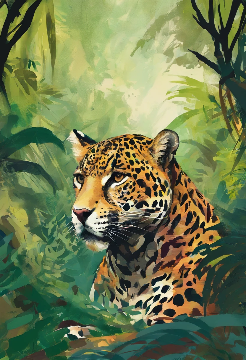 {{Un jaguar en una impactante acuarela expressionista}}. This painting depicts the majestic animal in its jungle environment. The expressionist technique will be used to capture the essence of the jaguar in an abstract and emotional way. The quality of the paint will be exceptional, highlighting the details of the feline and its natural habitat in the jungle.