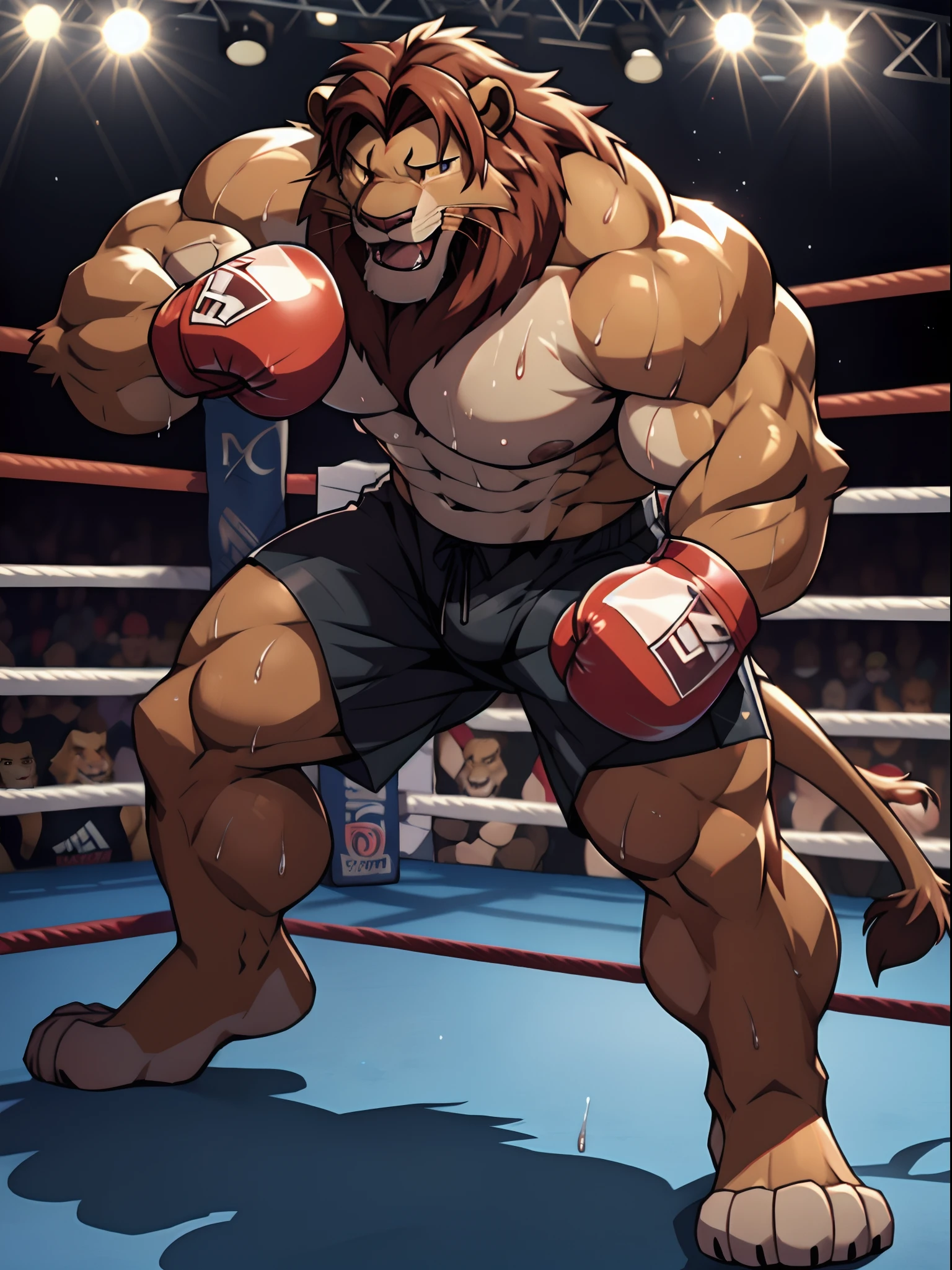 Lora:simba, head (close-up):1.2, 4k, high resolution, best quality, posted on e621, solo, anthro body, male lion, adult, masculine, (skinny, strong pectorals, defined muscles, muscular shoulders), correct anatomy, (boxing ring background, gym background), (blurry background, out-of-focus background:1.2), (by wfa:1.0), (by takemoto arashi:1.0), (by Taran Fiddler:0.5), sexy, (cel shaded, cartoony shading:1.2), black lineart, black outline, flat coloring, (strong shadows, dark shadows:1.2), (pink shorts, topless, boxing gloves), sexy shadows, lion tail, slim posture, open mouth, sticking out tongue, open:1 eyes, detailed eyes, tilted head, exhausted, wet sweat:1.2, (bruised:1.6, shiner:1.2), lying