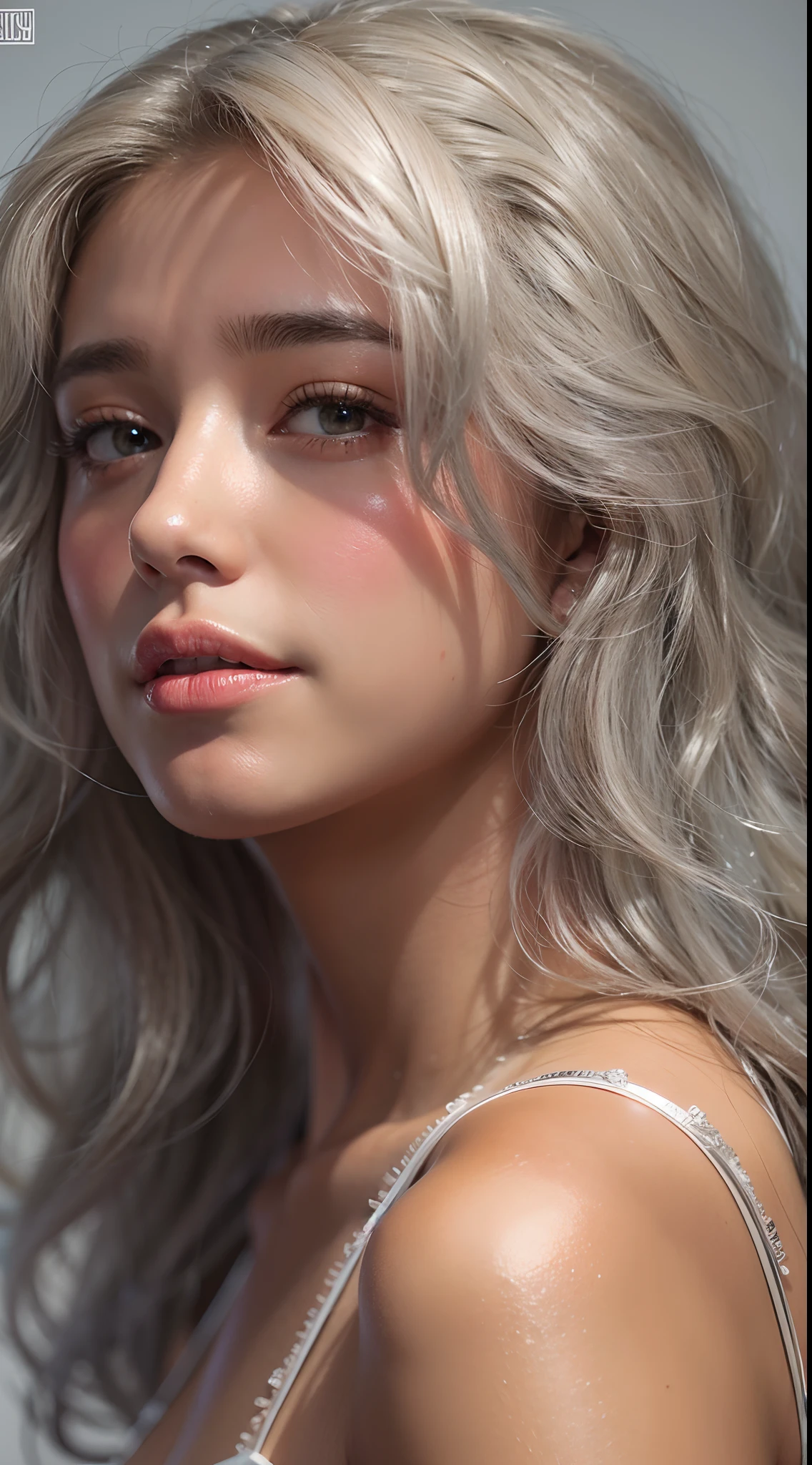 Retrato de corpo inteiro de um lindo modelo adolescente pequeno com cabelo loiro platinado, usando lingerie, hyper realistic, illustration, trending on ArtStation, disco Rigido, 4k, 8k, anatomia detalhada intrincada, design de personagens, Por James Gurney e Tom Bagshaw